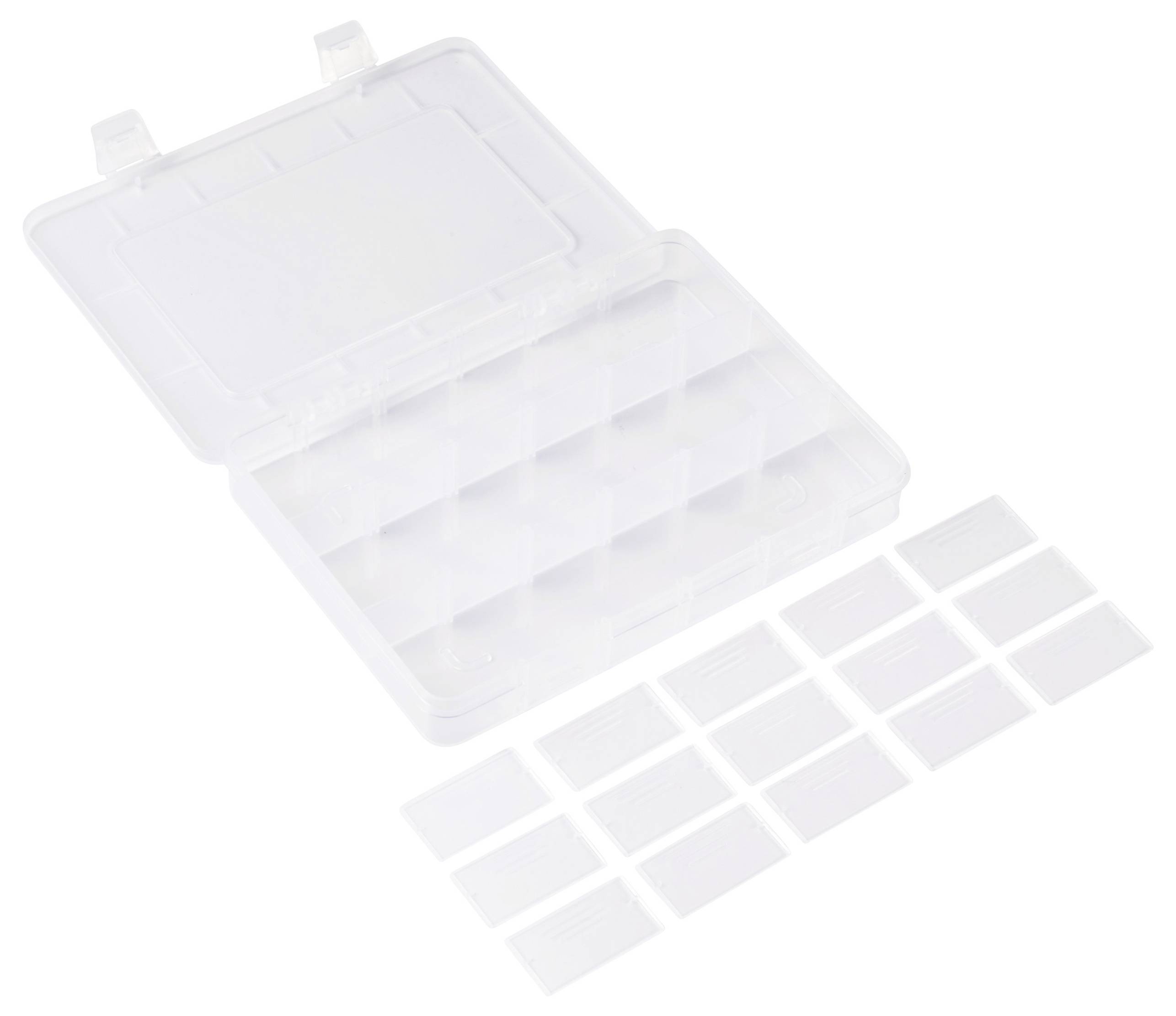 Scatola trasparente in plastica con coperchio apribile, contenente diversi piccoli scomparti rettangolari, probabilmente per organizzare oggetti.