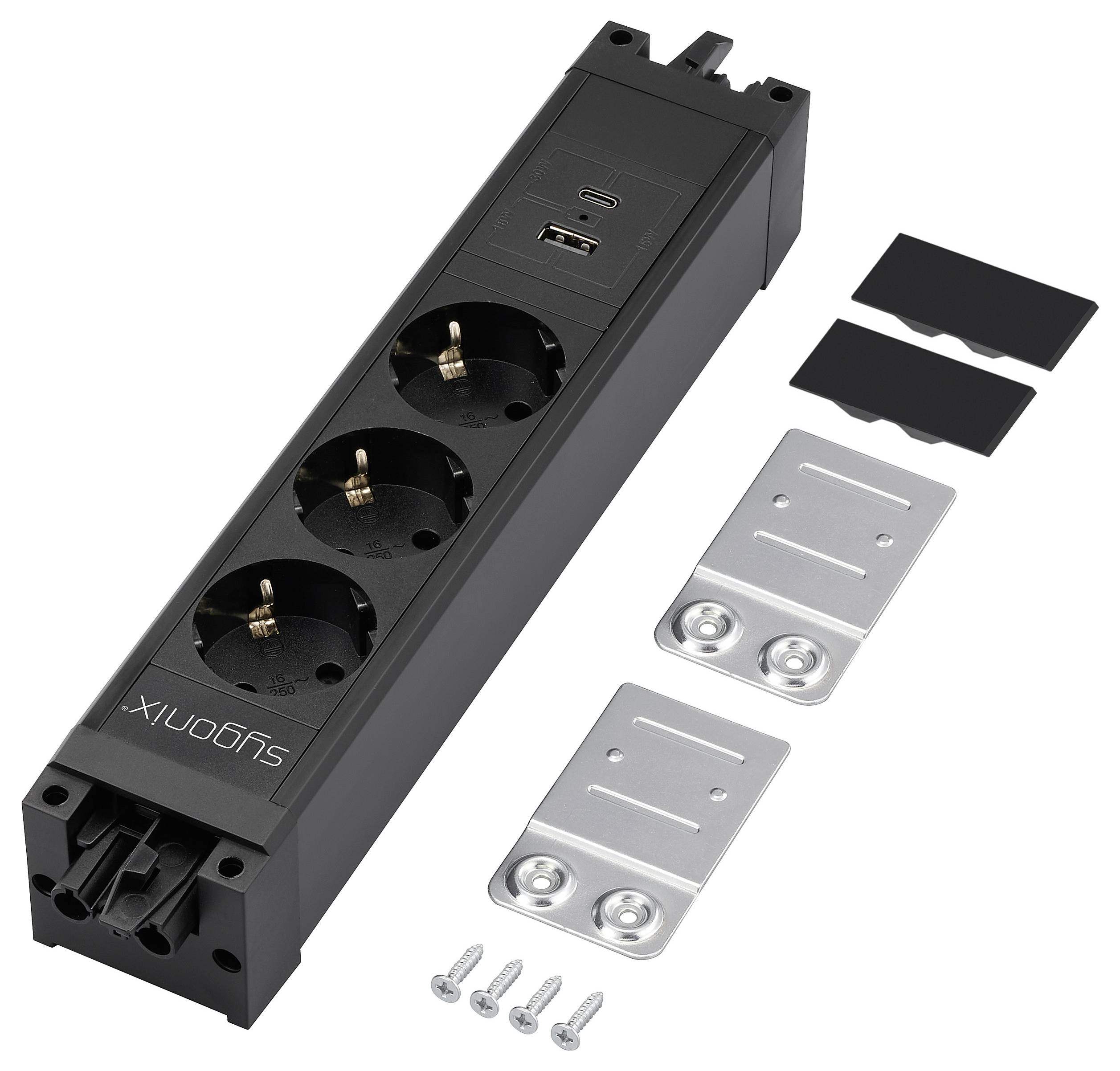 Una presa multipla nera con tre prese europee, porte USB e staffe di montaggio è mostrata insieme a viti e coperchi.