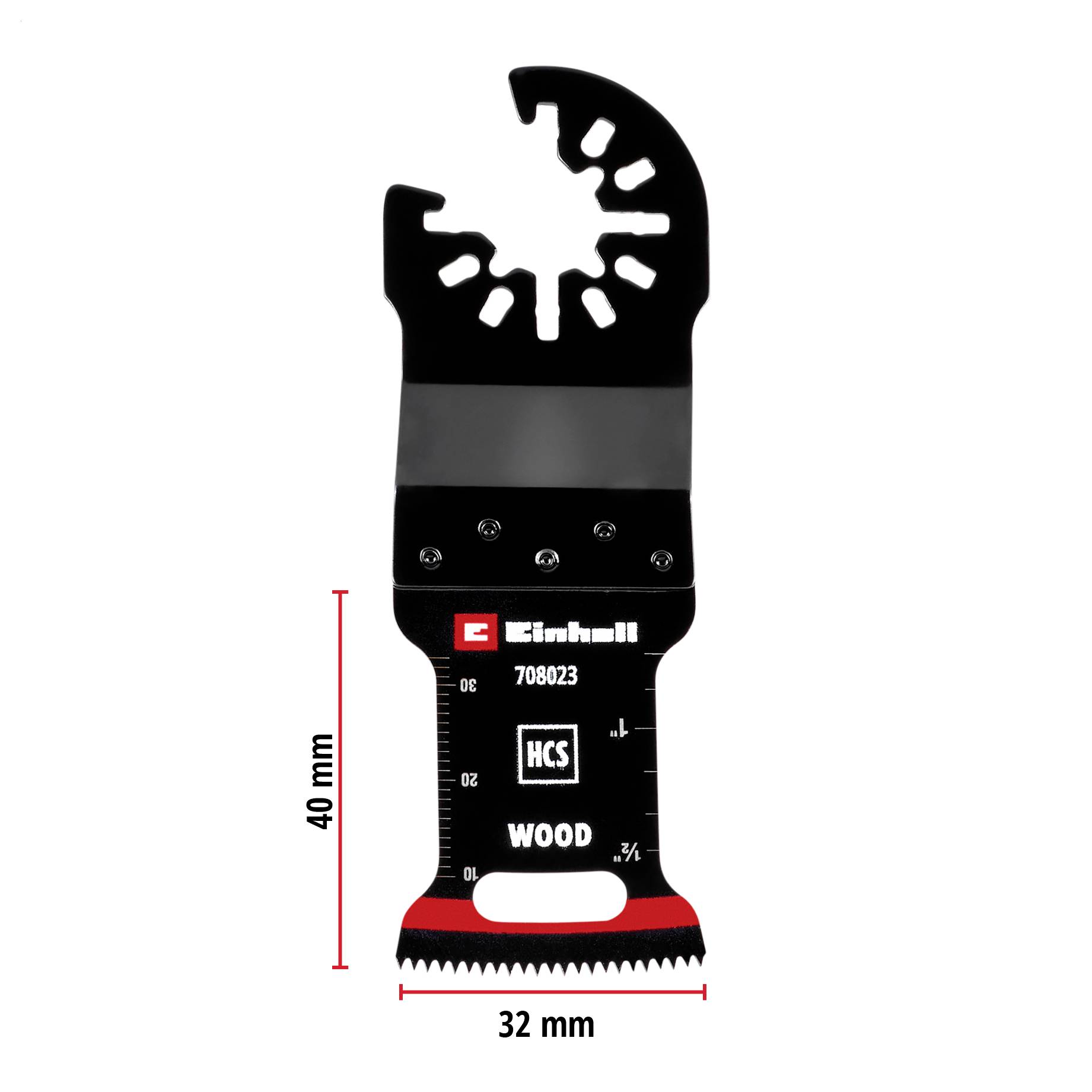 Lama multiuso con bordi dentellati, lunghezza 40 mm, larghezza 32 mm, adatto per il legno. Design nero con marcature rosse.