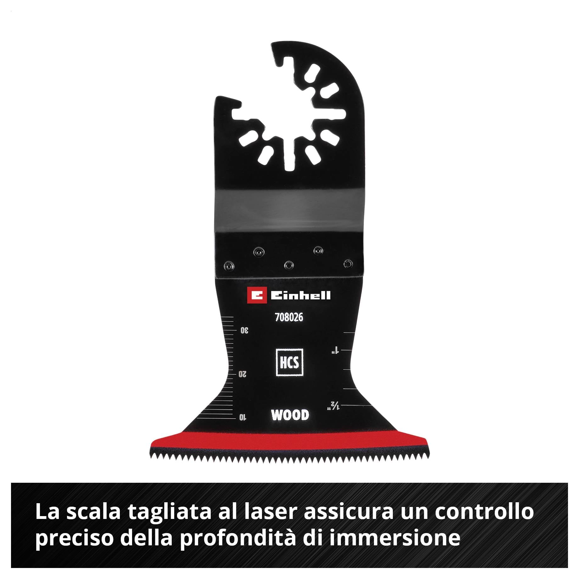 Lama multifunzionale per legno, nero, con apertura a forma di scala in alto; bordo rosso in basso. 'La scala incisa al laser garantisce il controllo esatto della profondità di immersione.'