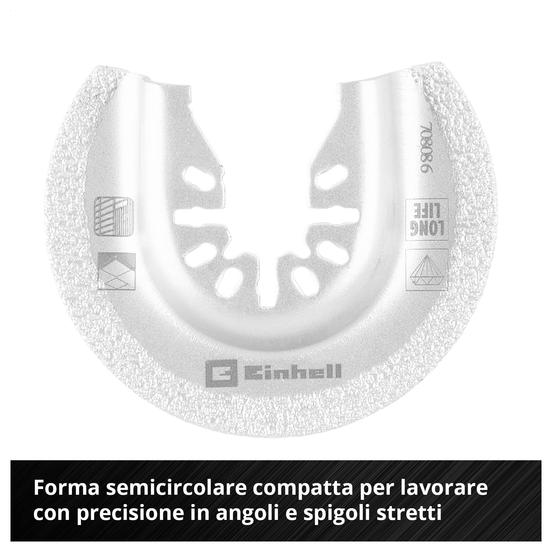 Un accessorio per sega circolare semicircolare Einhell viene mostrato, ideale per lavori precisi negli angoli e bordi stretti.