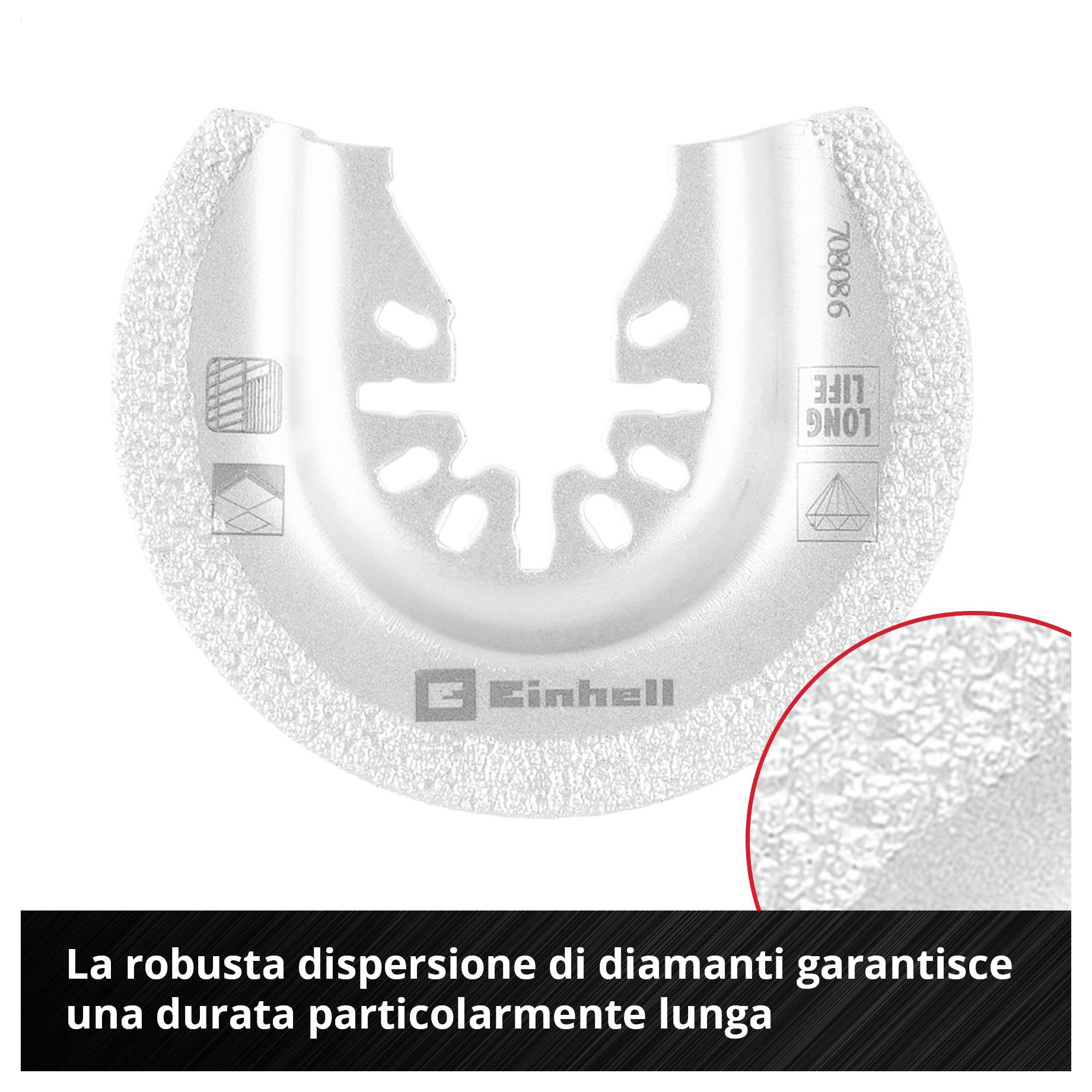 Lama per sega per metalli con robusta dispersione di diamanti. Testo: 'La robusta dispersione di diamanti garantisce una durata particolarmente lunga'.
