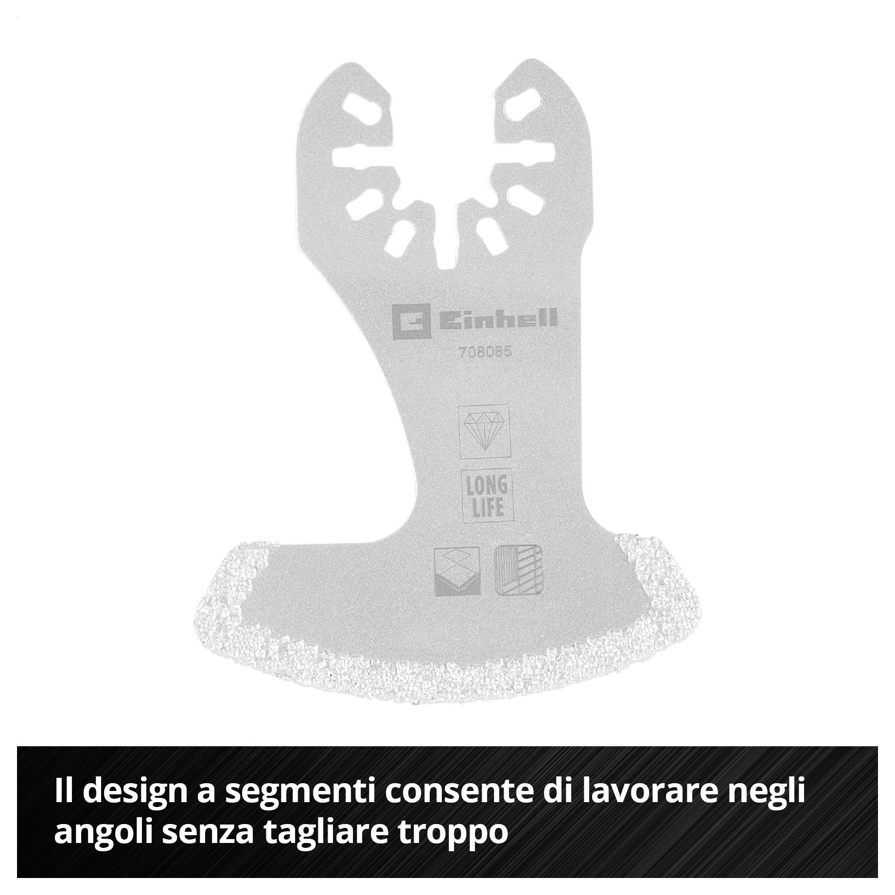'Il design segmentato consente di lavorare negli angoli senza sovrapposizione.' Un design a lama segmentata metallica con granulazione al bordo.