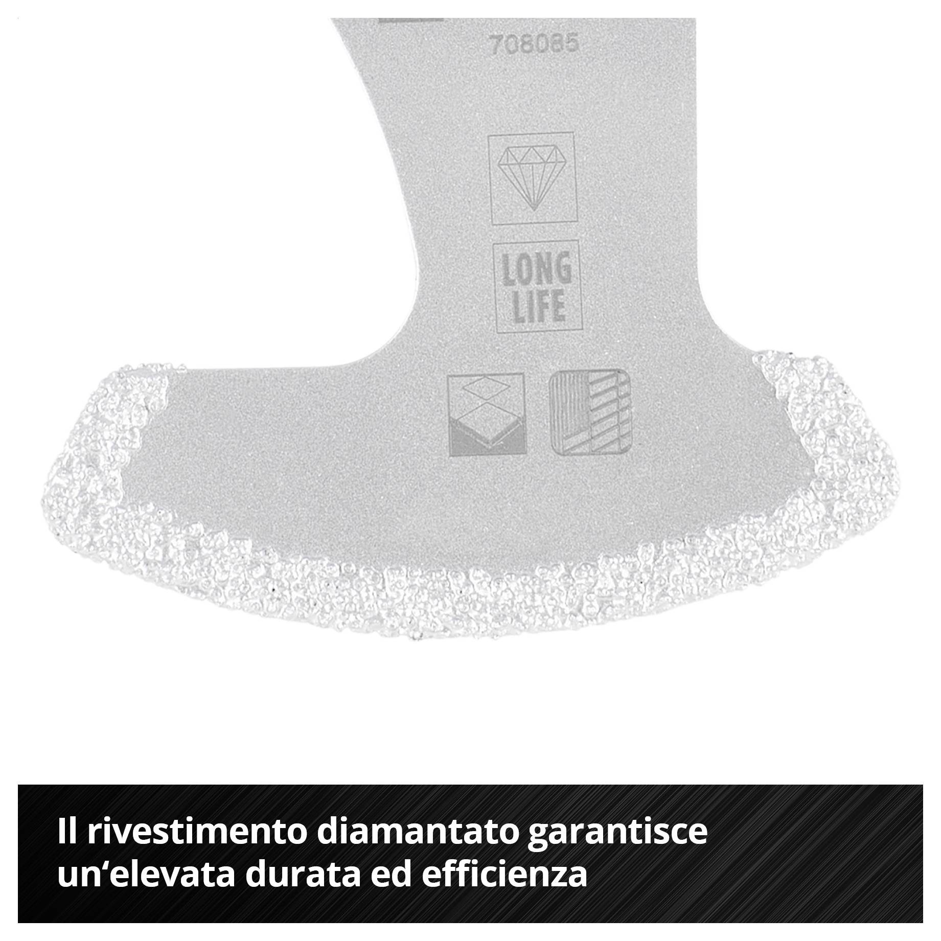 Lama rivestita di diamanti per elevata longevità ed efficienza nel lavoro di taglio, inclusi simboli per la qualità e la durabilità.