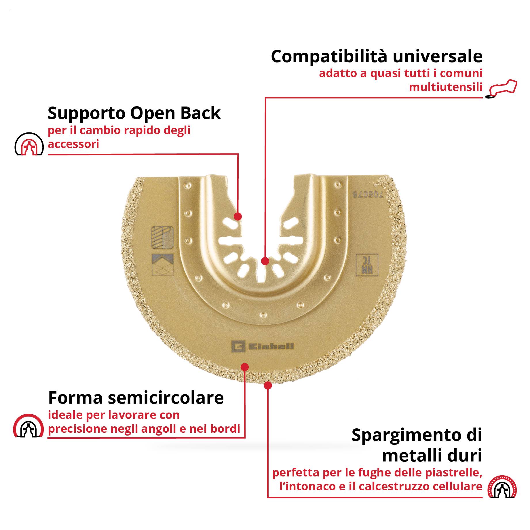 Inserto multifunzione, a forma semiluna con rivestimento in metallo duro. Ideale per fughe, legno, plastica. Universalmente compatibile, cambio semplice.