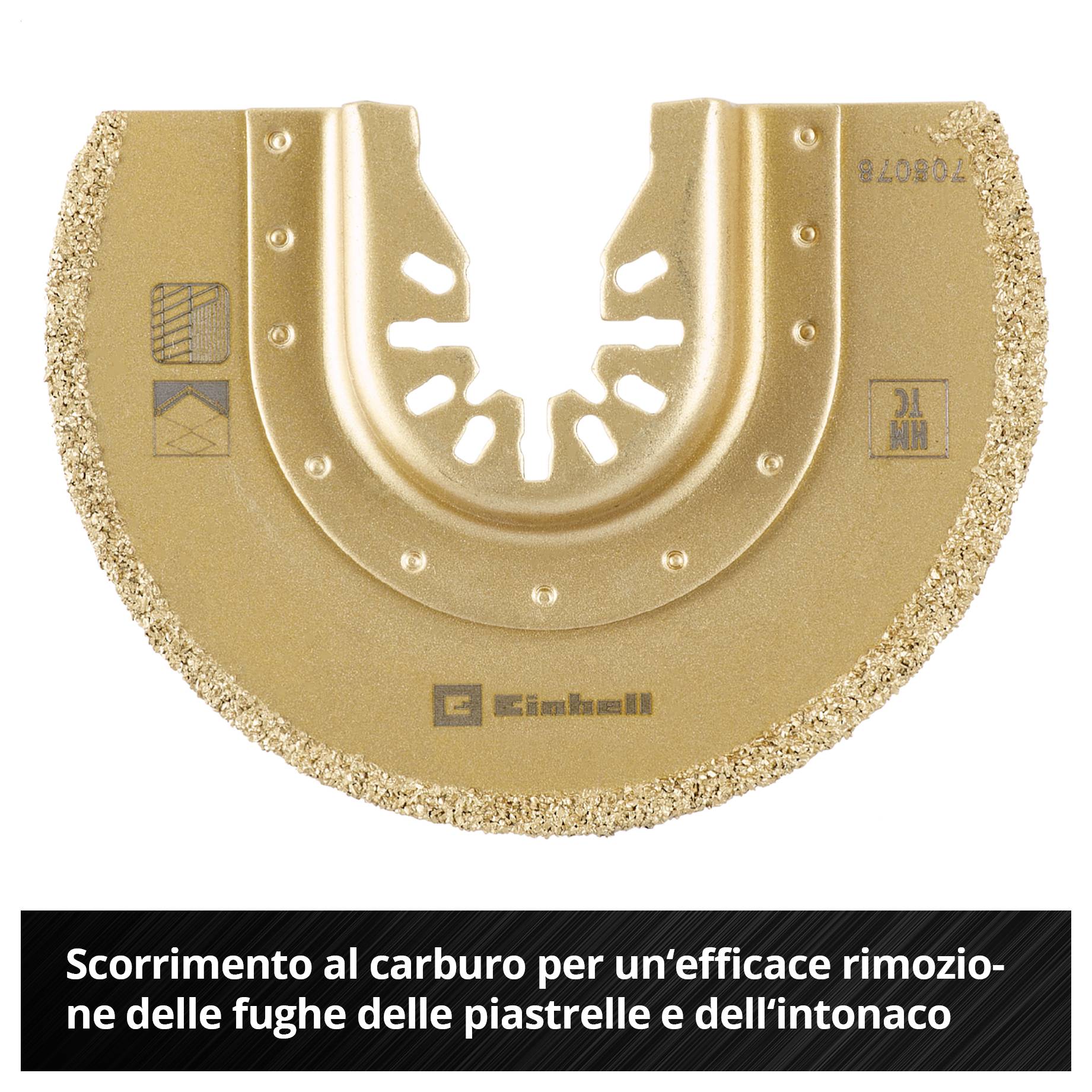 Una lama semicircolare con bordi rivestiti in metallo duro, adatta al taglio rapido e preciso delle fughe tra le piastrelle.