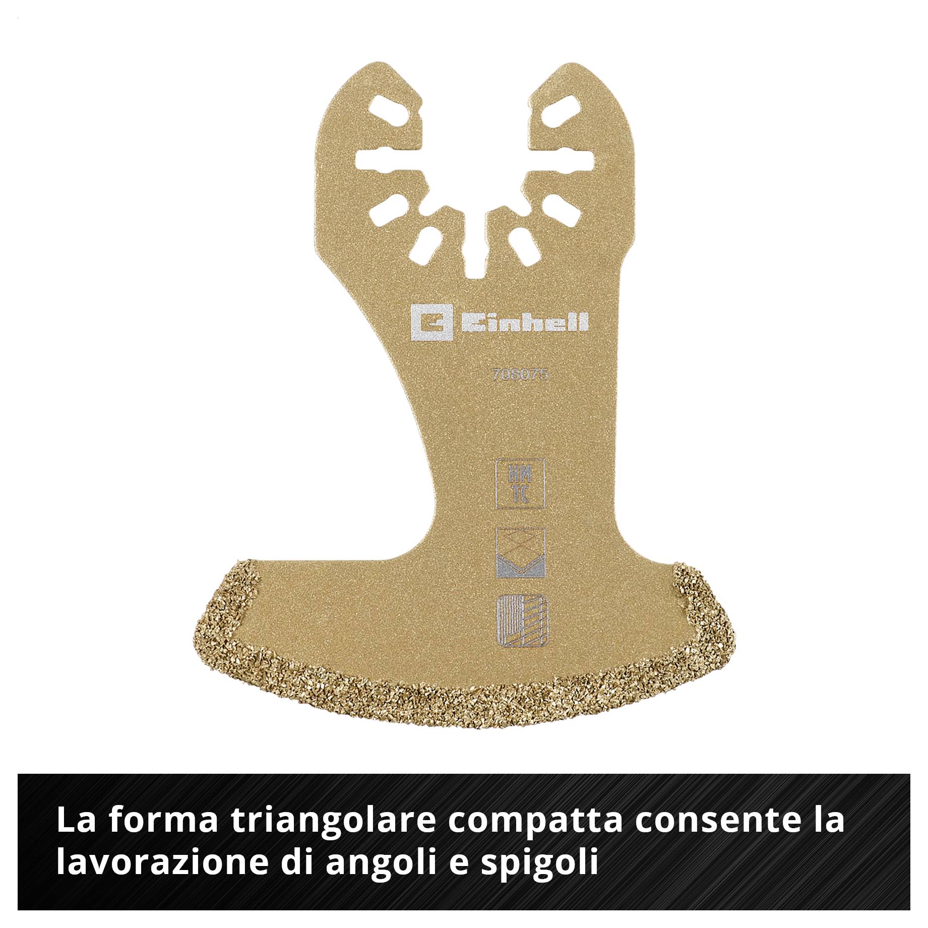 Lama per sega segmentato con rivestimento dorato, adatto per angoli e bordi difficili da raggiungere. Testo: 'Forma segmentata ideale'.
