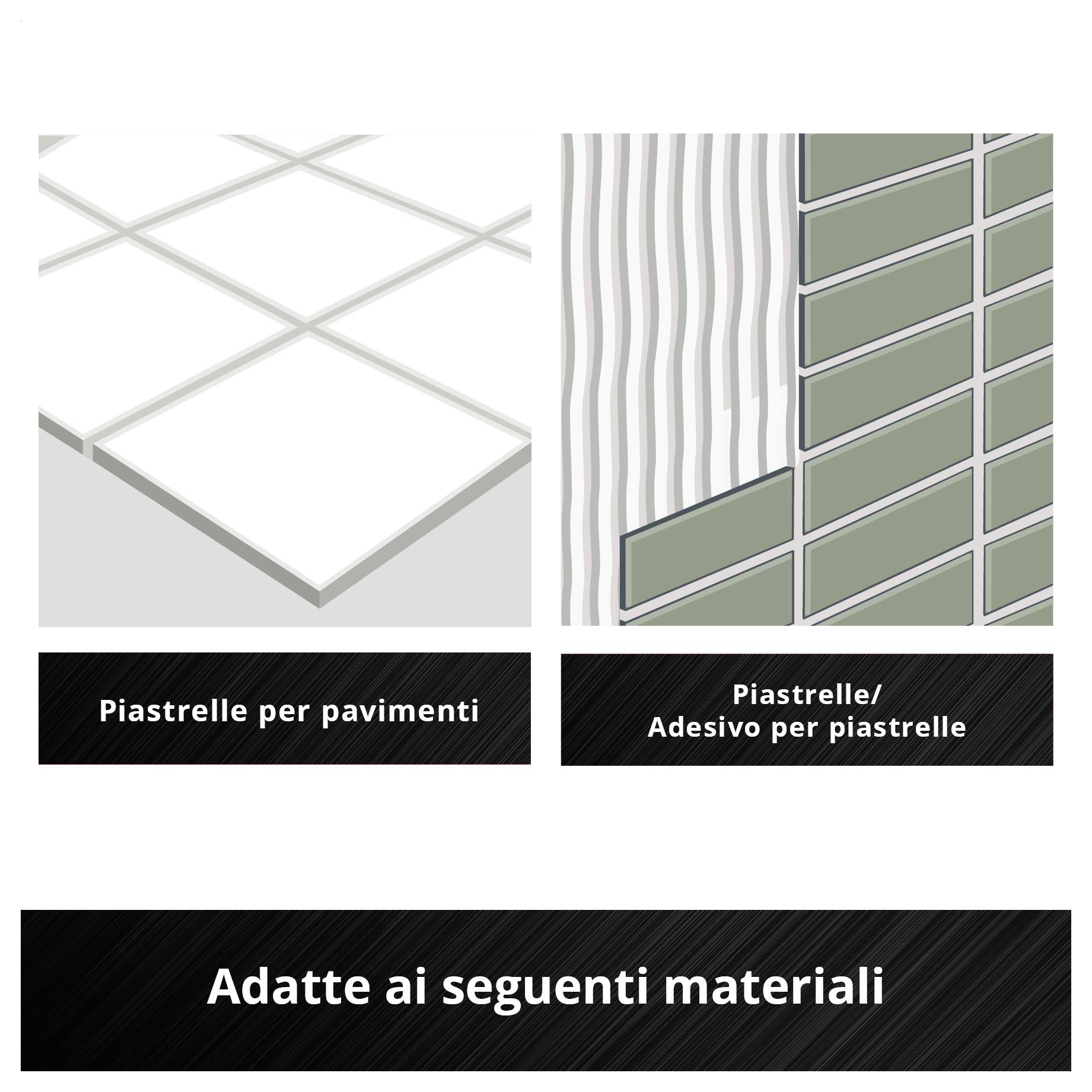 Adatto per i seguenti materiali: piastrelle per pavimenti, piastrelle per pareti/adesivo per piastrelle. L'immagine mostra piastrelle stilizzate e adesivo strutturato.