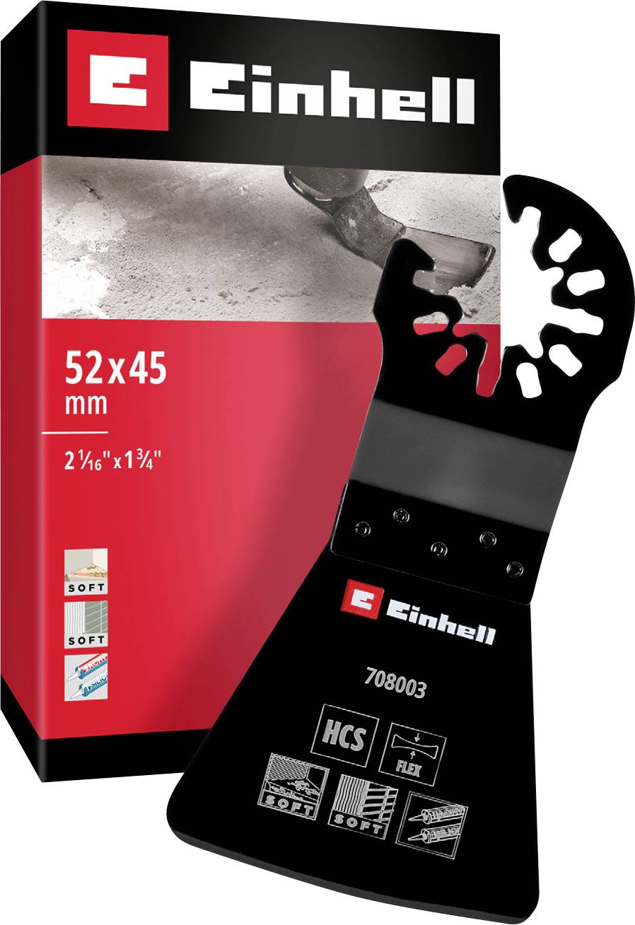 Set di lame 'Einhell' con una lama, la confezione mostra il prodotto e le specifiche: 52x45 mm, adatto per legno, plastica.