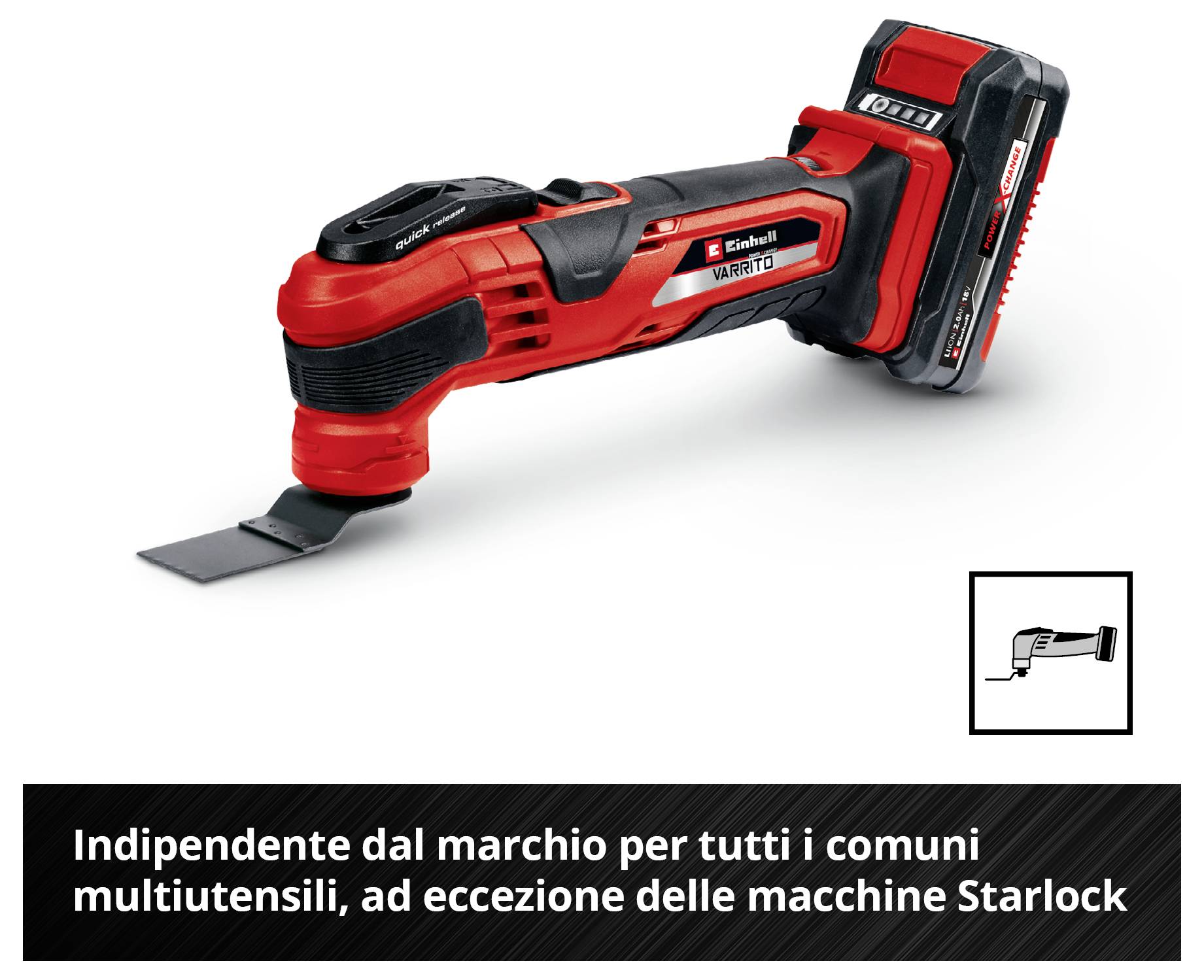 Uno strumento multifunzione con batteria di colore rosso con accessorio. Testo: "Compatibile universalmente con i multutensori disponibili in commercio ad eccezione delle macchine Starlock".