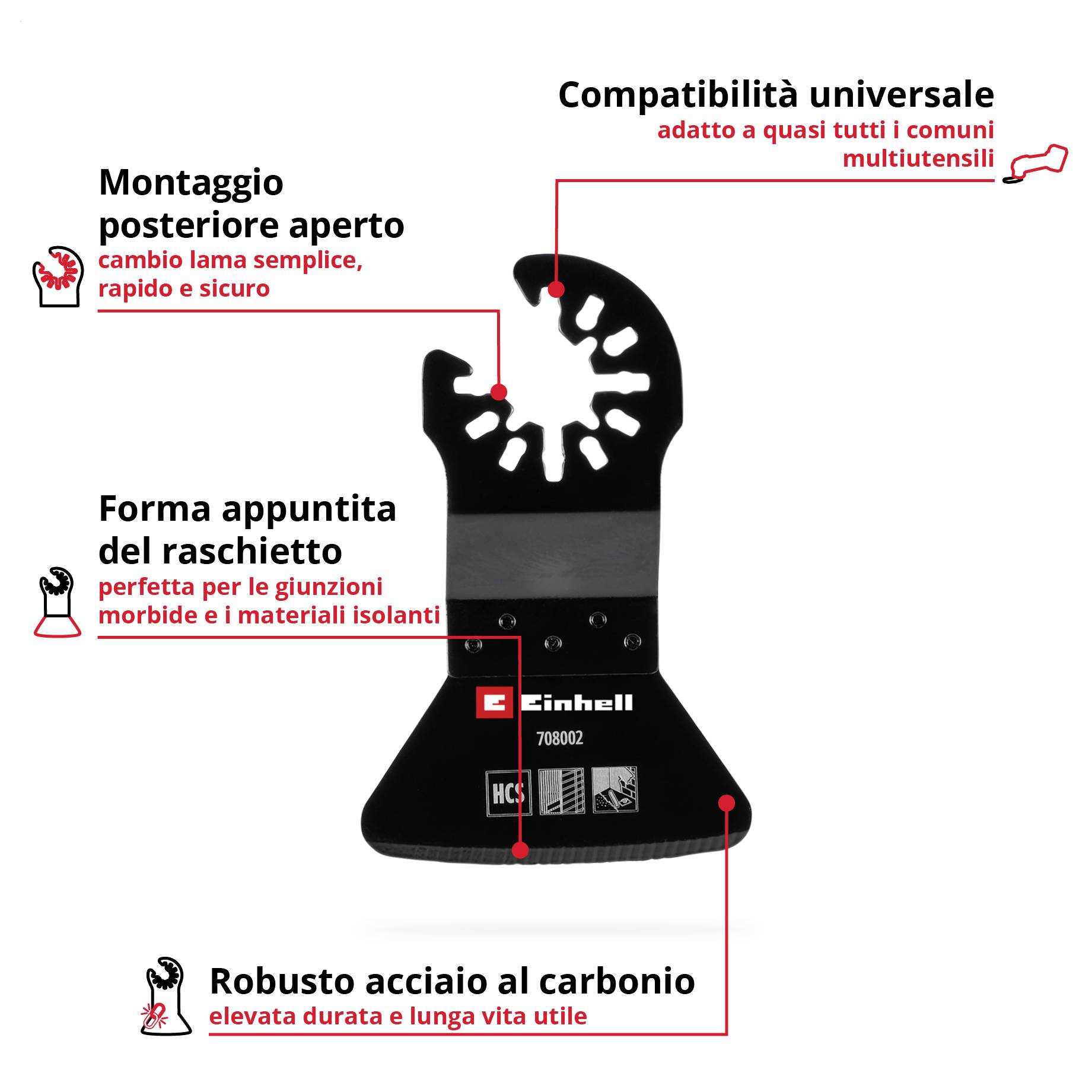 'Einhell Starlock HM-Scraper' con le seguenti caratteristiche: universalmente compatibile, attacco Open Back, raschietto rigido, acciaio al carbonio robusto.