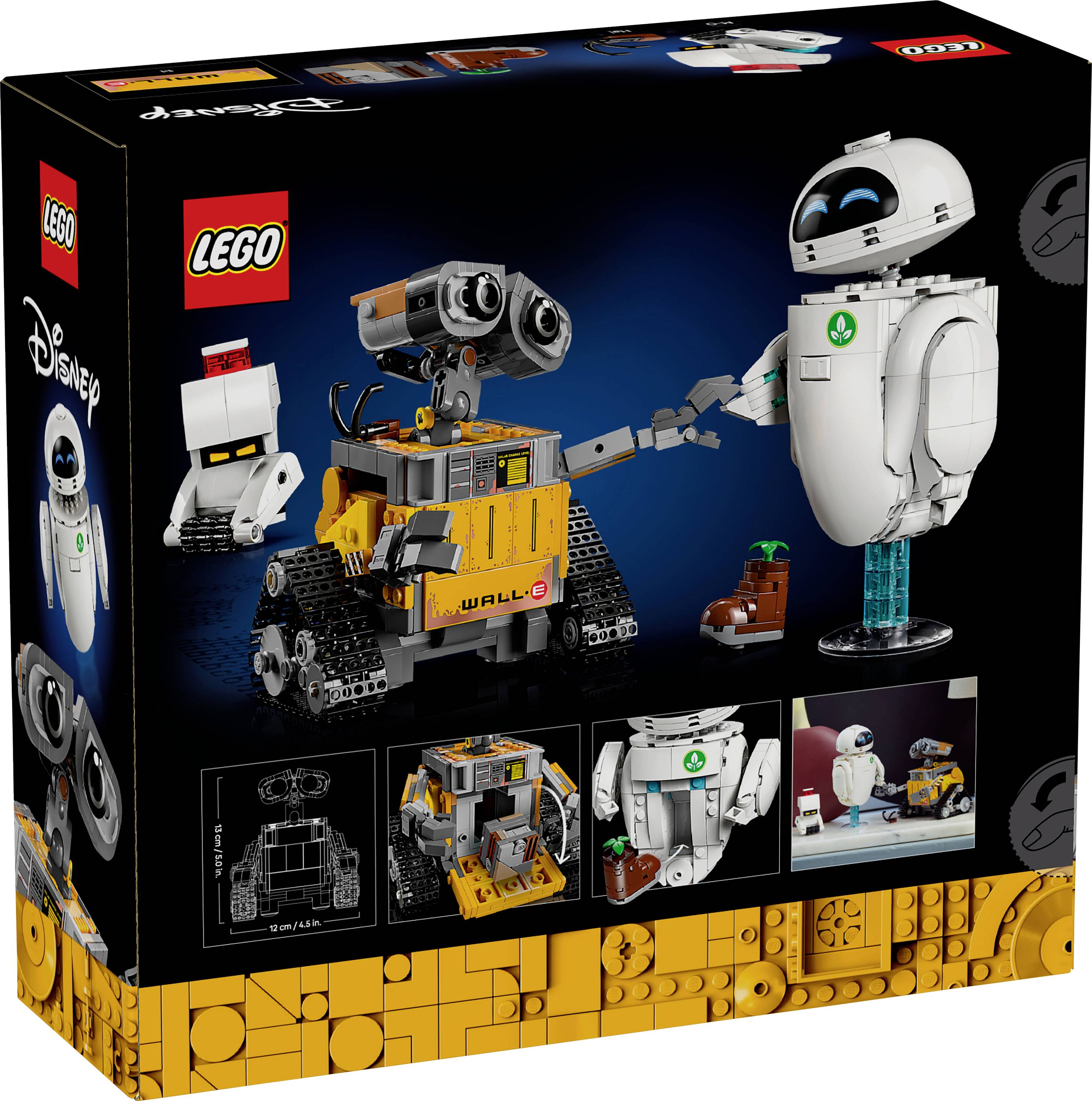 Confezione del set LEGO raffigurante i personaggi Wall-E ed Eve di Disney, esposta con immagini dettagliate del prodotto e loghi del marchio.