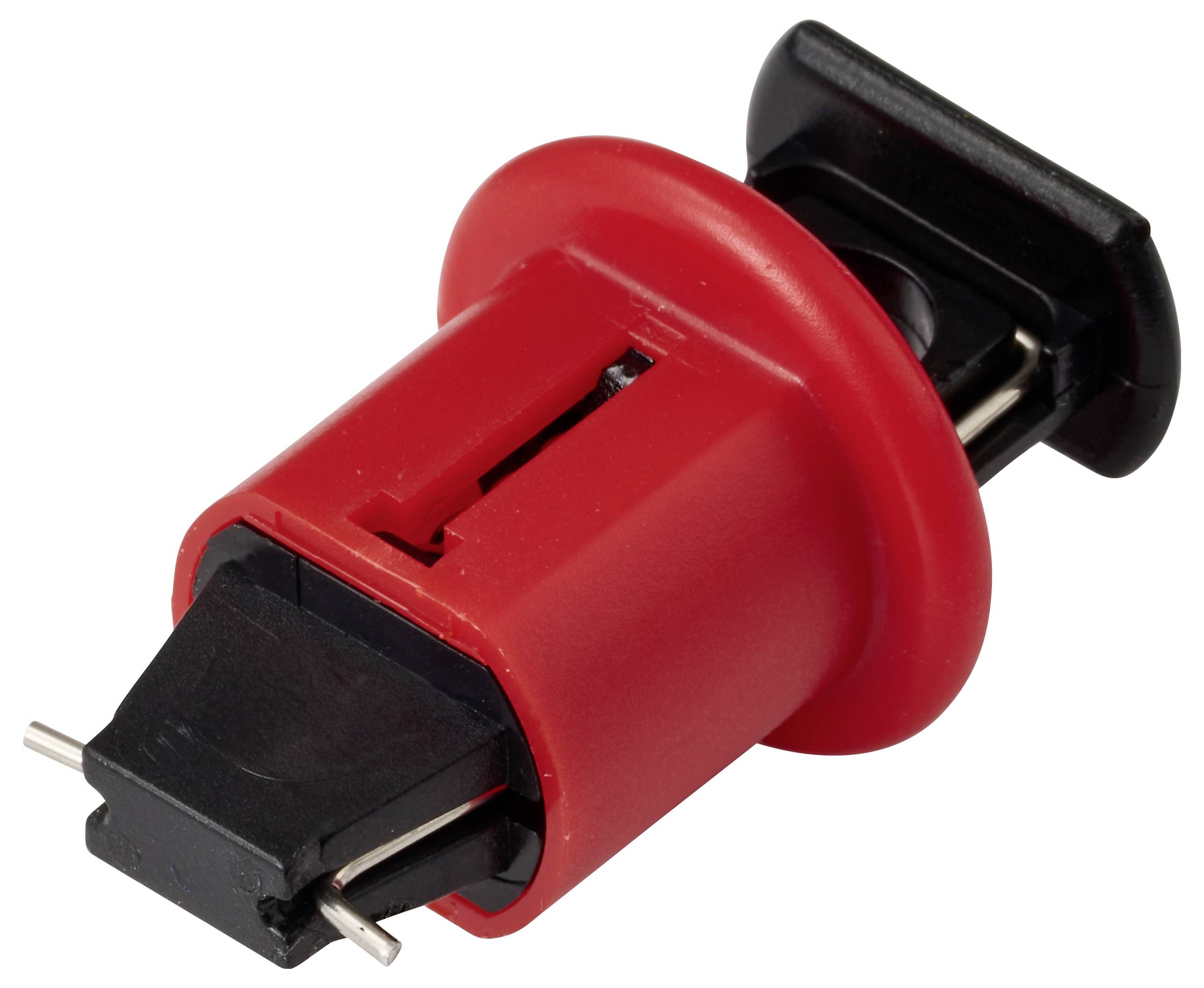 Un interruttore a pulsante elettrico rosso e nero con piedini metallici, comunemente utilizzato in schede elettroniche e progetti di elettronica.