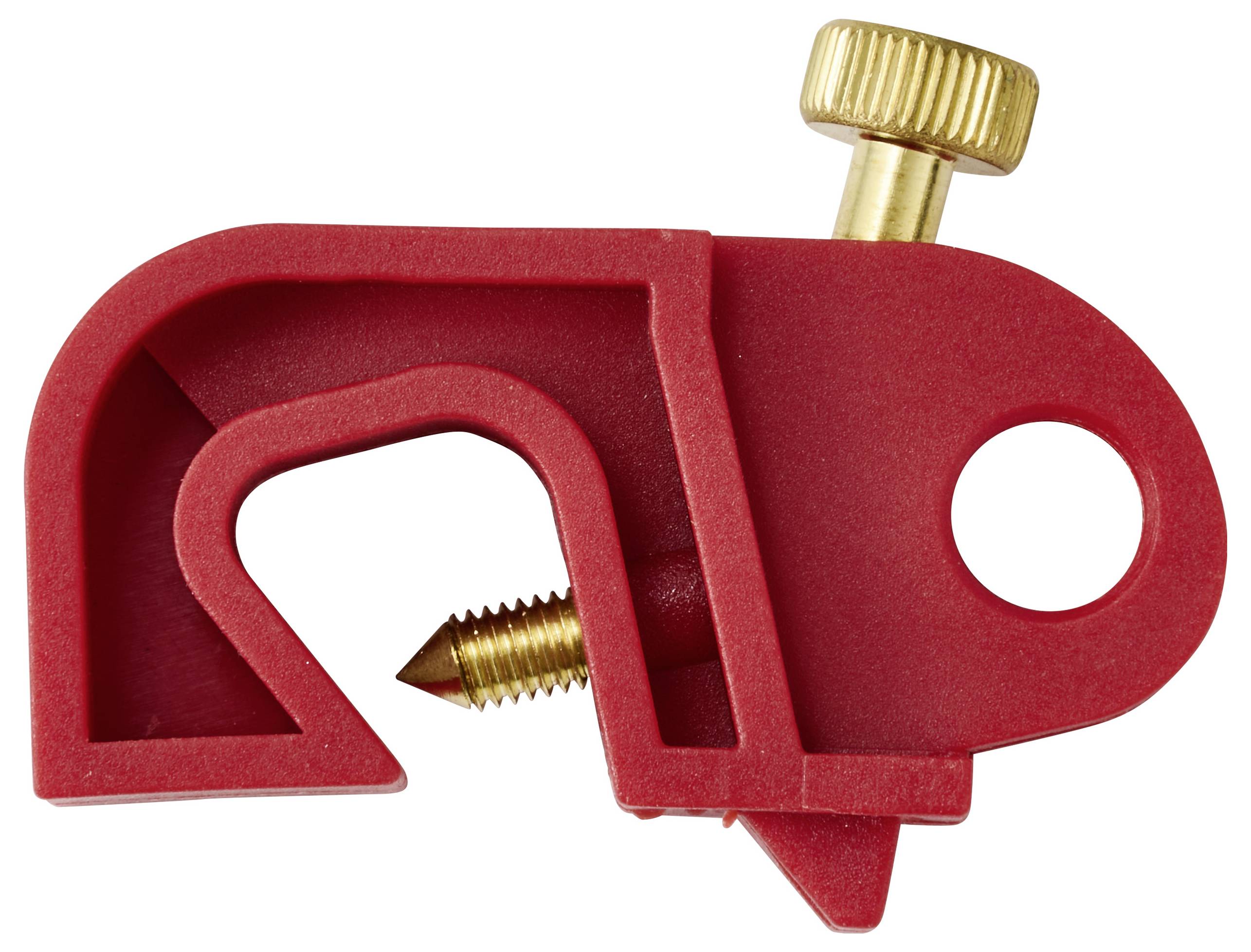 Un tagliatubi rosso in plastica con lama in metallo e una vite di regolazione dorata per tagliare piccoli tubi o condutture.