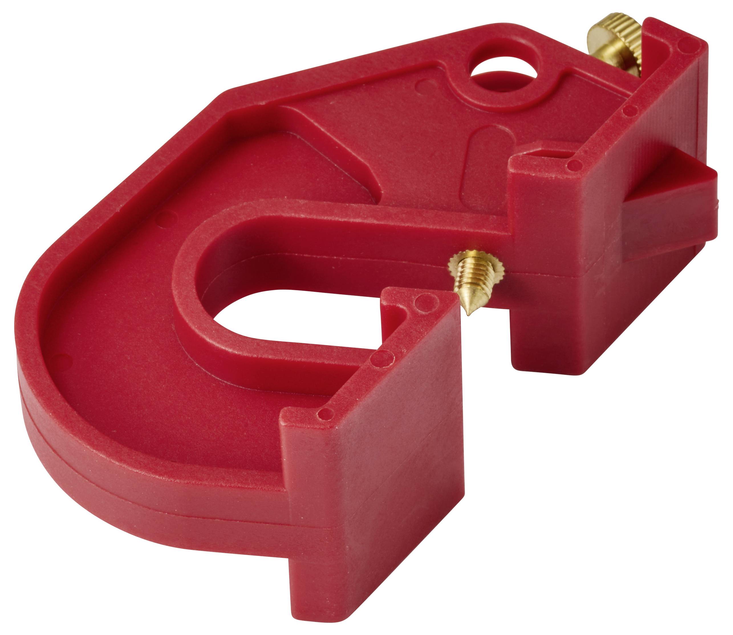 Un morsetto per tubi in plastica rossa a forma di U con due raccordi a vite in ottone per fissare i tubi. Adatto per installazioni idrauliche.