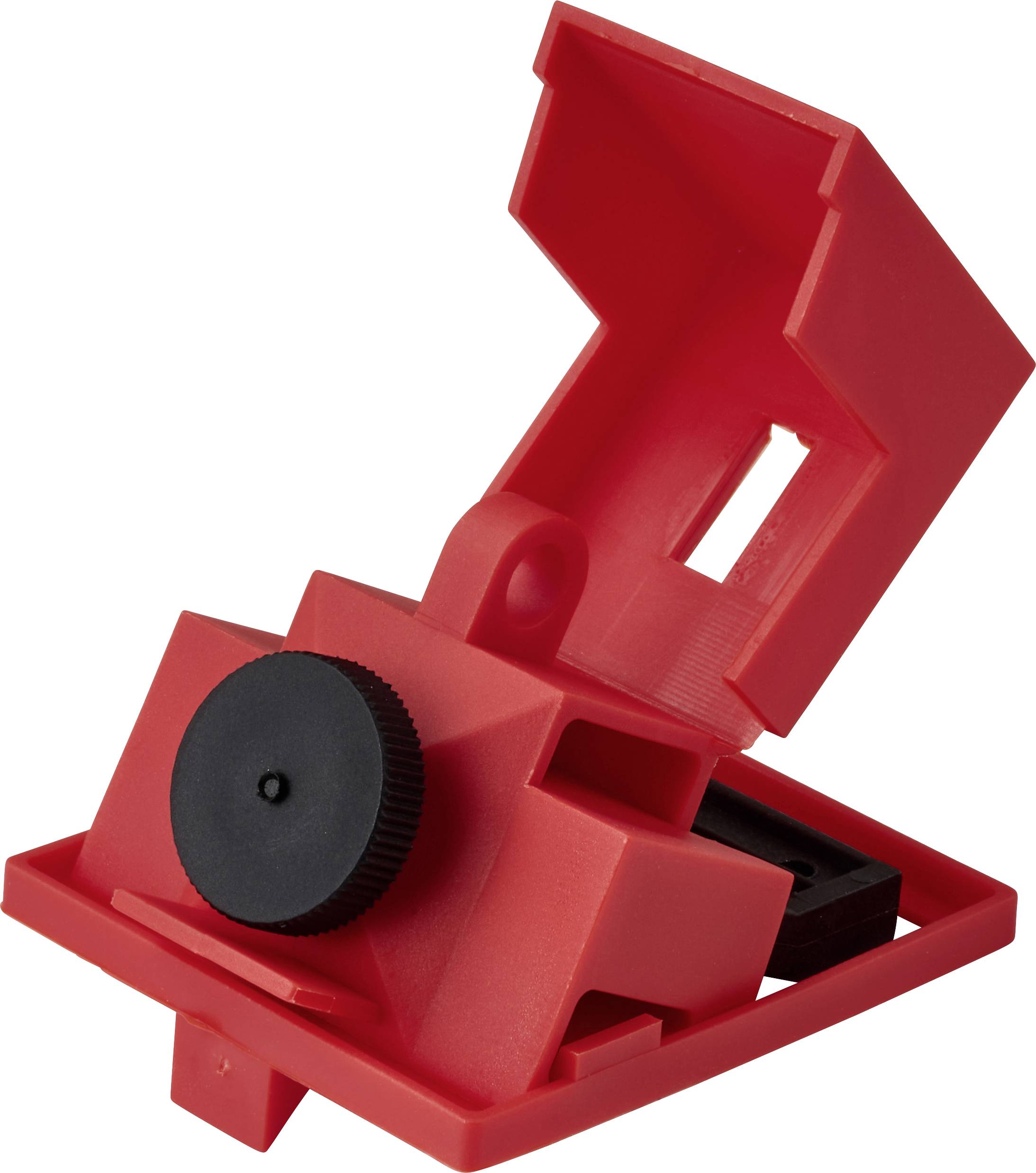 Un dispositivo di blocco di sicurezza rosso con una manopola circolare nera, utilizzato per prevenire l'attivazione accidentale di apparecchiature elettriche durante la manutenzione.