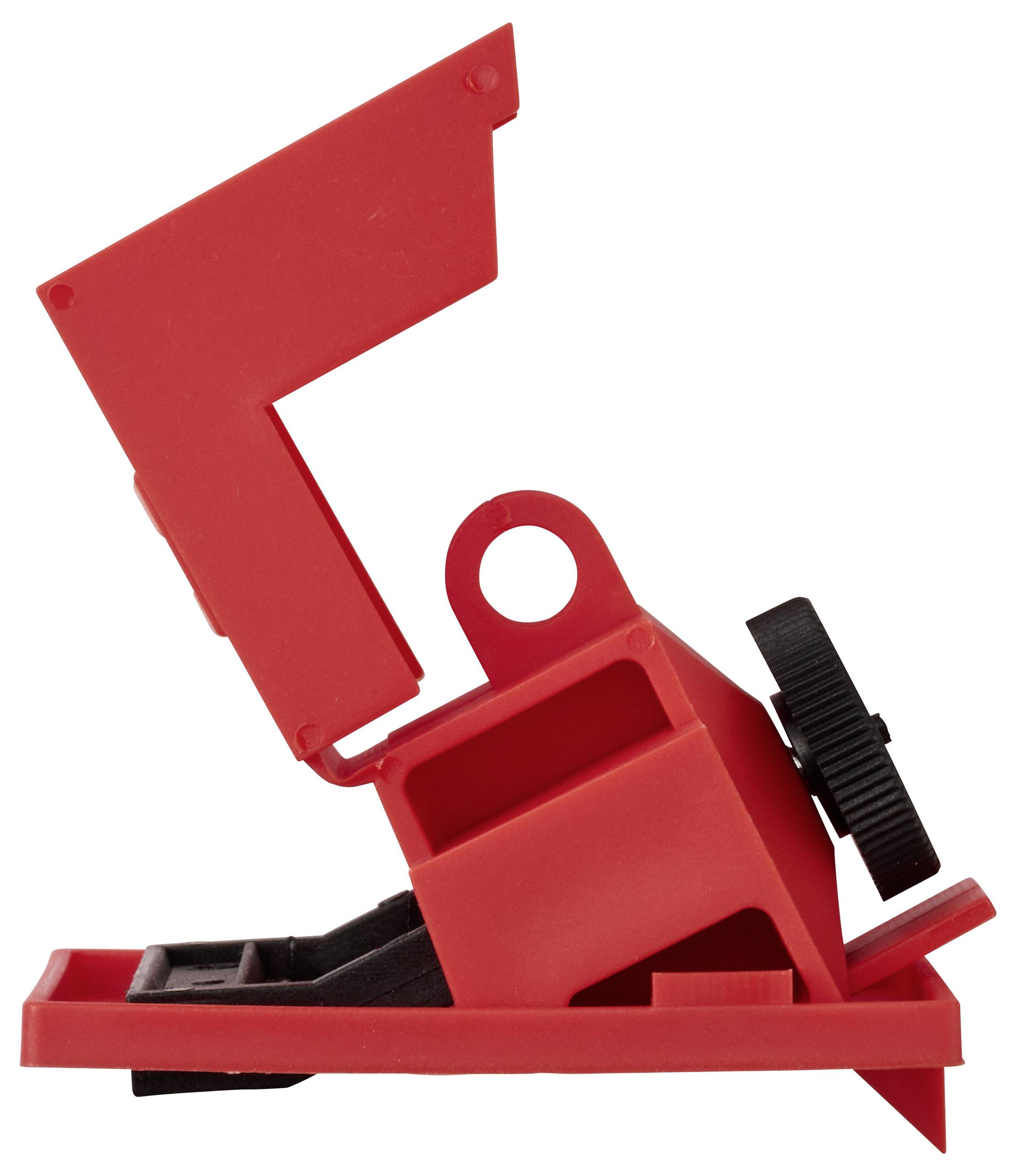 Dispositivo rosso in plastica con una ruota nera, probabilmente un meccanismo di chiusura, che mostra la sua posizione aperta.
