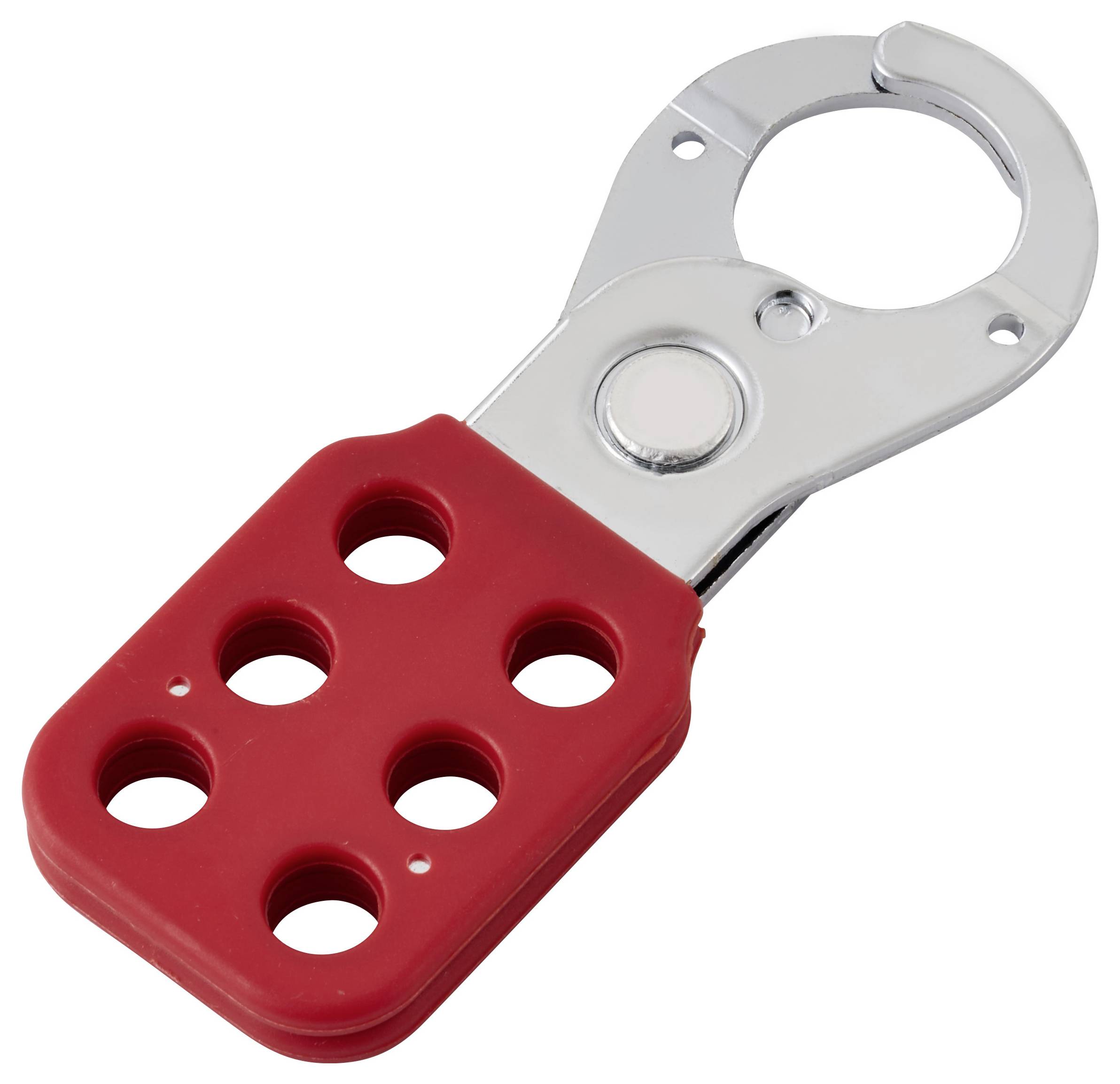 Un lucchetto di bloccaggio rosso e argento con sei fori, progettato per consentire l'aggancio di più lucchetti a scopo di sicurezza nelle procedure di lockout/tagout.