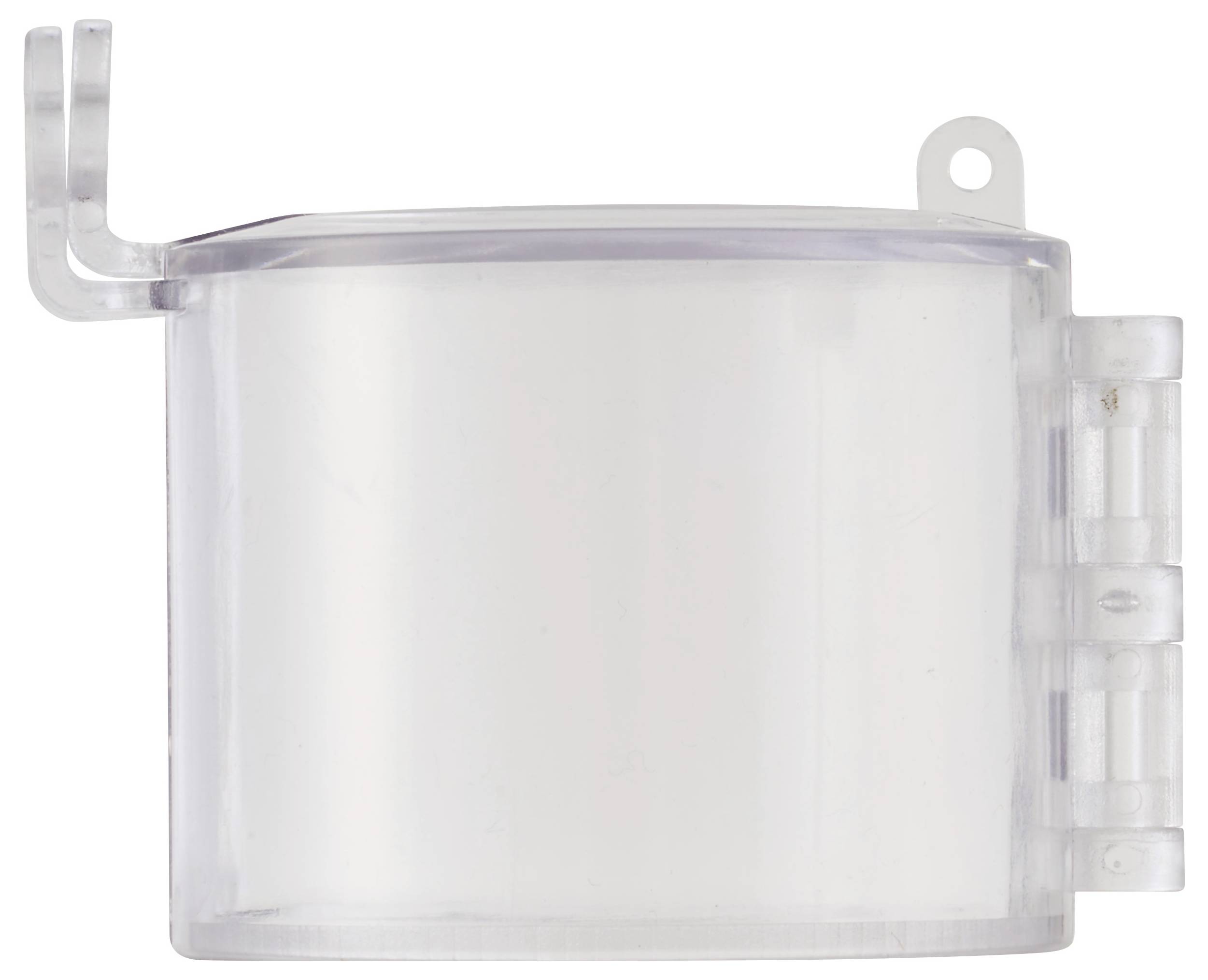 Contenitore in plastica trasparente con coperchio incernierato e staffa di montaggio, utilizzato per proteggere piccoli oggetti.