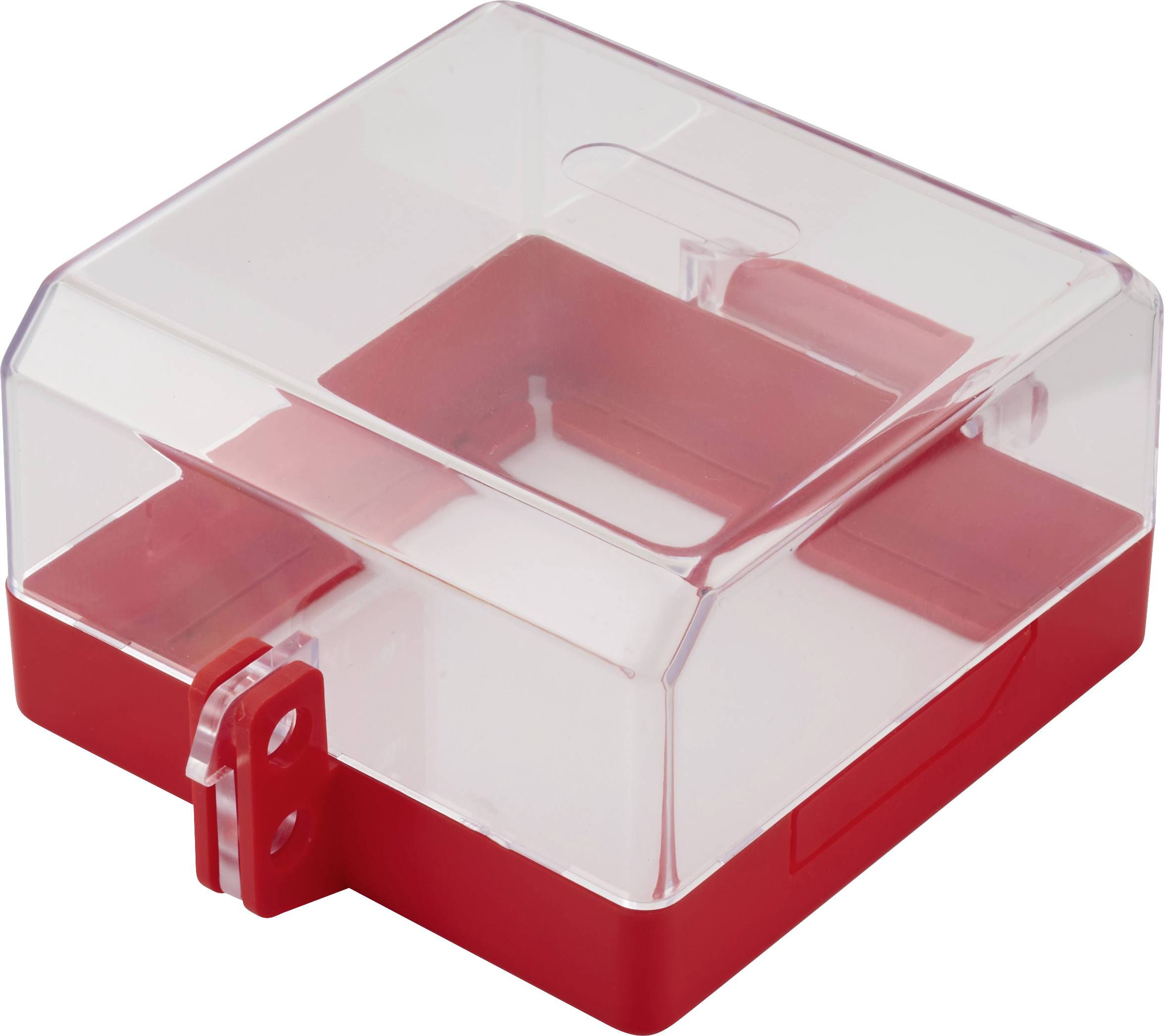 Una scatola trasparente in plastica con bordi rossi, probabilmente utilizzata per un bloccaggio sicuro, con cerniera e ferramenta visibile per il fissaggio a superfici.