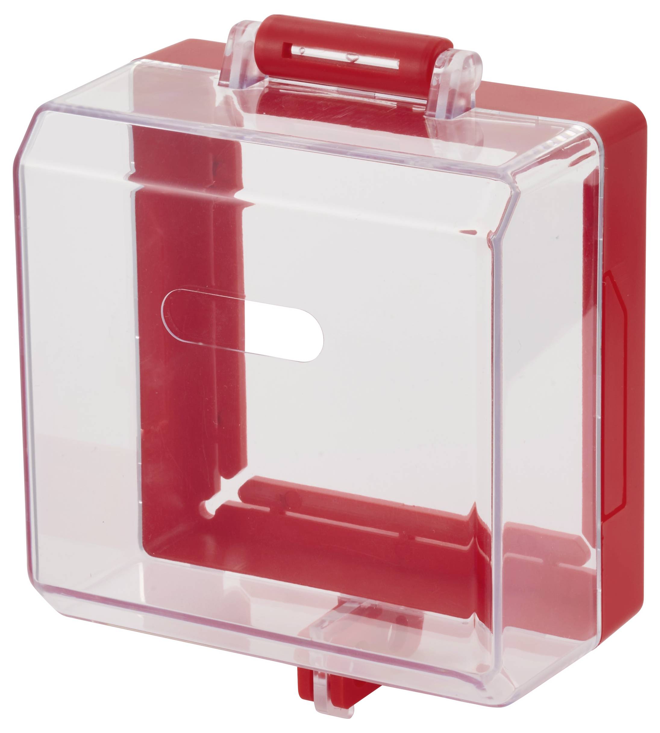 Un coperchio di bloccaggio rosso e trasparente, progettato per proteggere interruttori o pulsanti di emergenza, con forma rettangolare e un piccolo fessura.