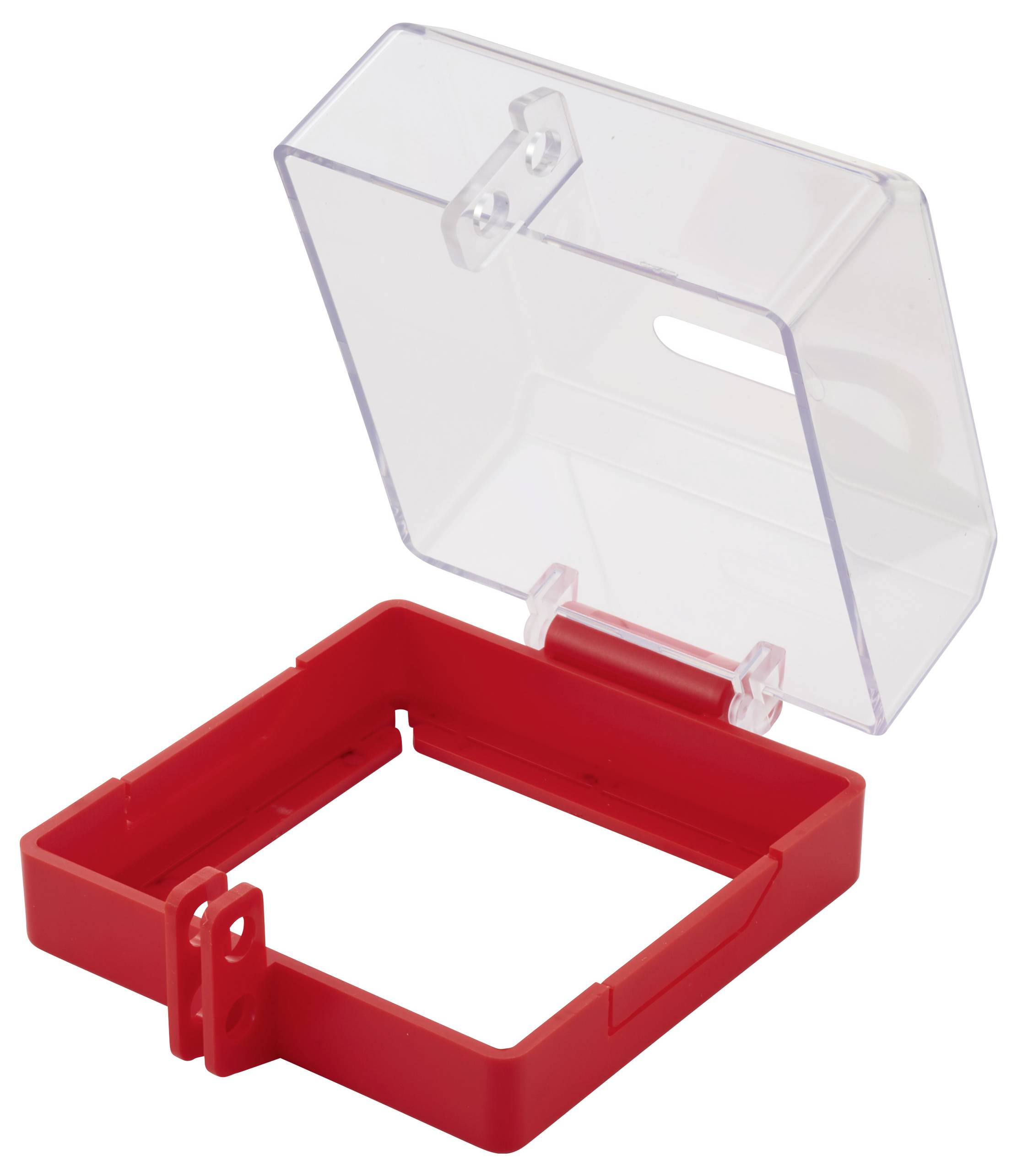 Un involucro trasparente in plastica con base rossa e coperchio aperto, dotato di due fori di montaggio per l'installazione, progettato per ospitare un dispositivo elettrico.