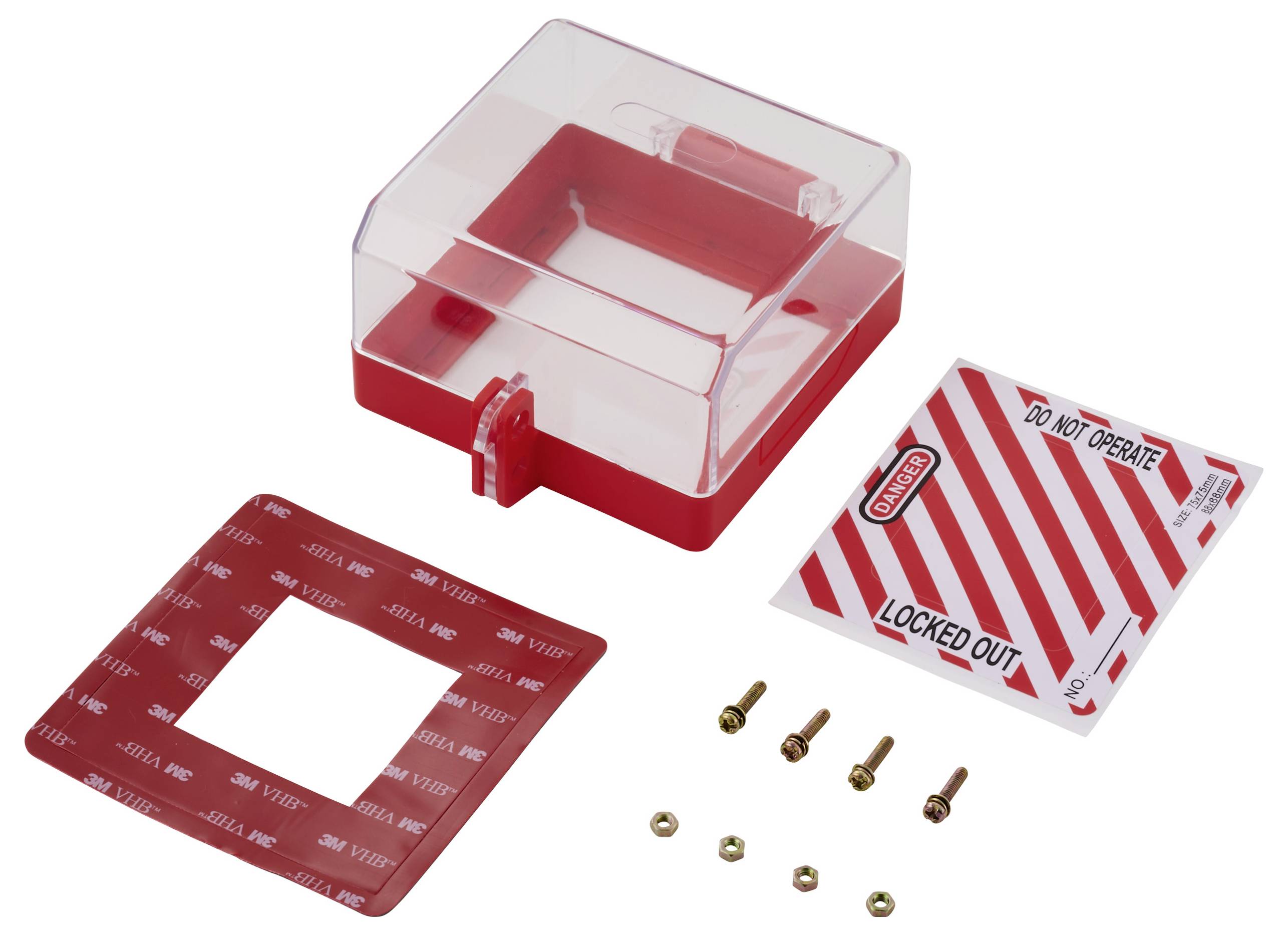 Kit di bloccaggio di sicurezza con coperchio trasparente, base rossa, etichetta di avvertimento "Non Azionare - Bloccato", e viti per fissaggio.