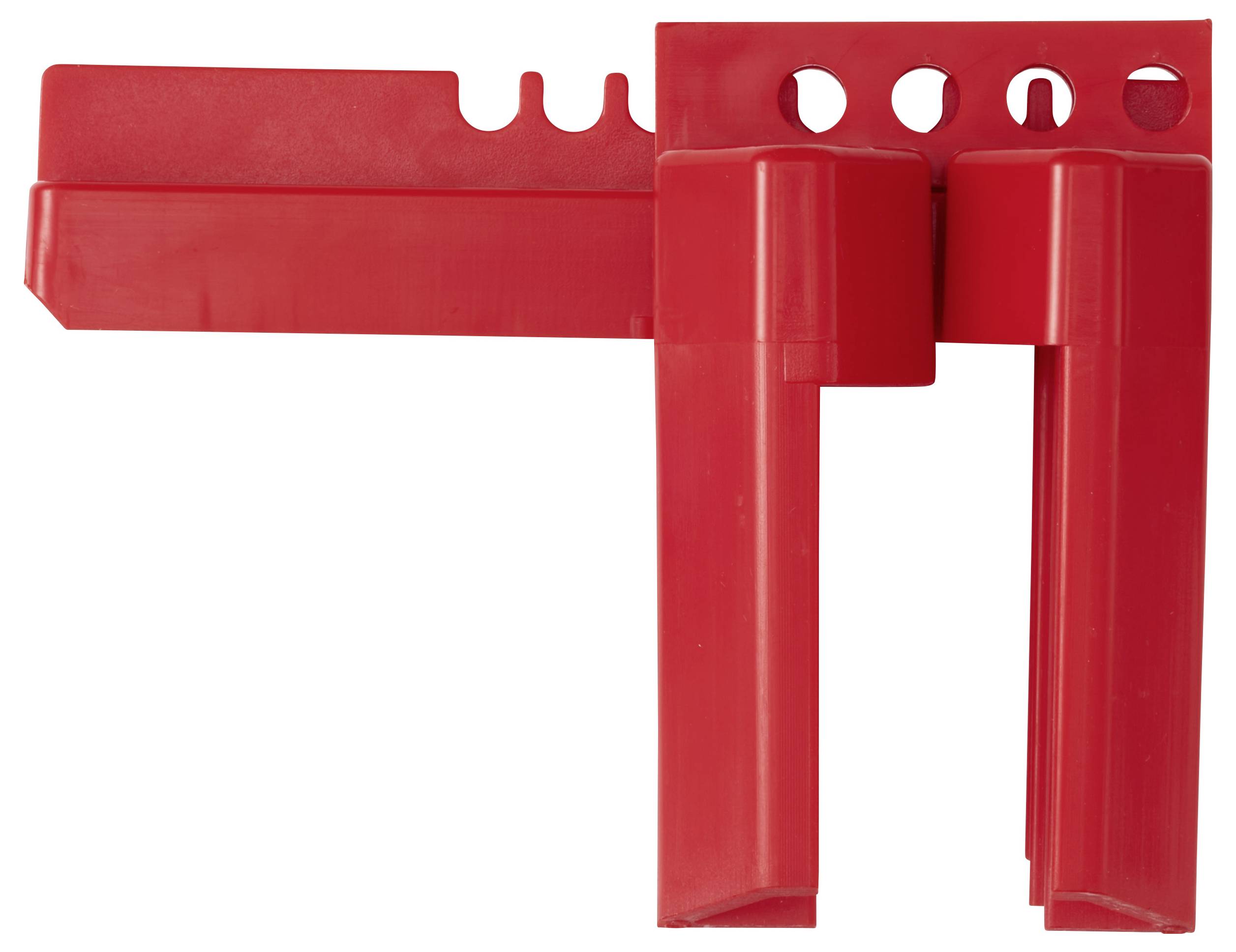 Un dispositivo di bloccaggio per interruttori rosso con più fori per bloccare un interruttore automatico in posizione di spegnimento, garantendo la sicurezza durante i lavori di manutenzione.