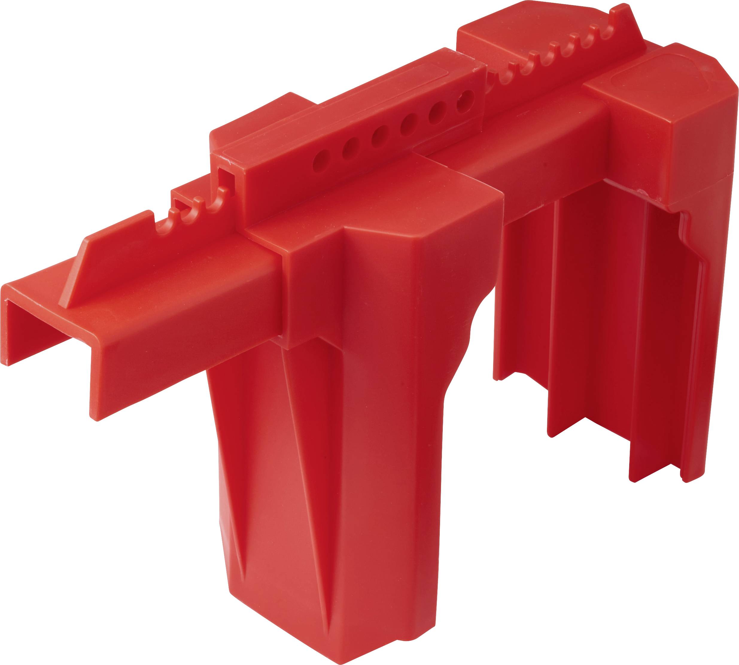 Dispositivo di sicurezza rosso in plastica progettato per essere posizionato sopra un interruttore automatico standard, bloccandolo per impedire l'accensione accidentale durante lavori elettrici.