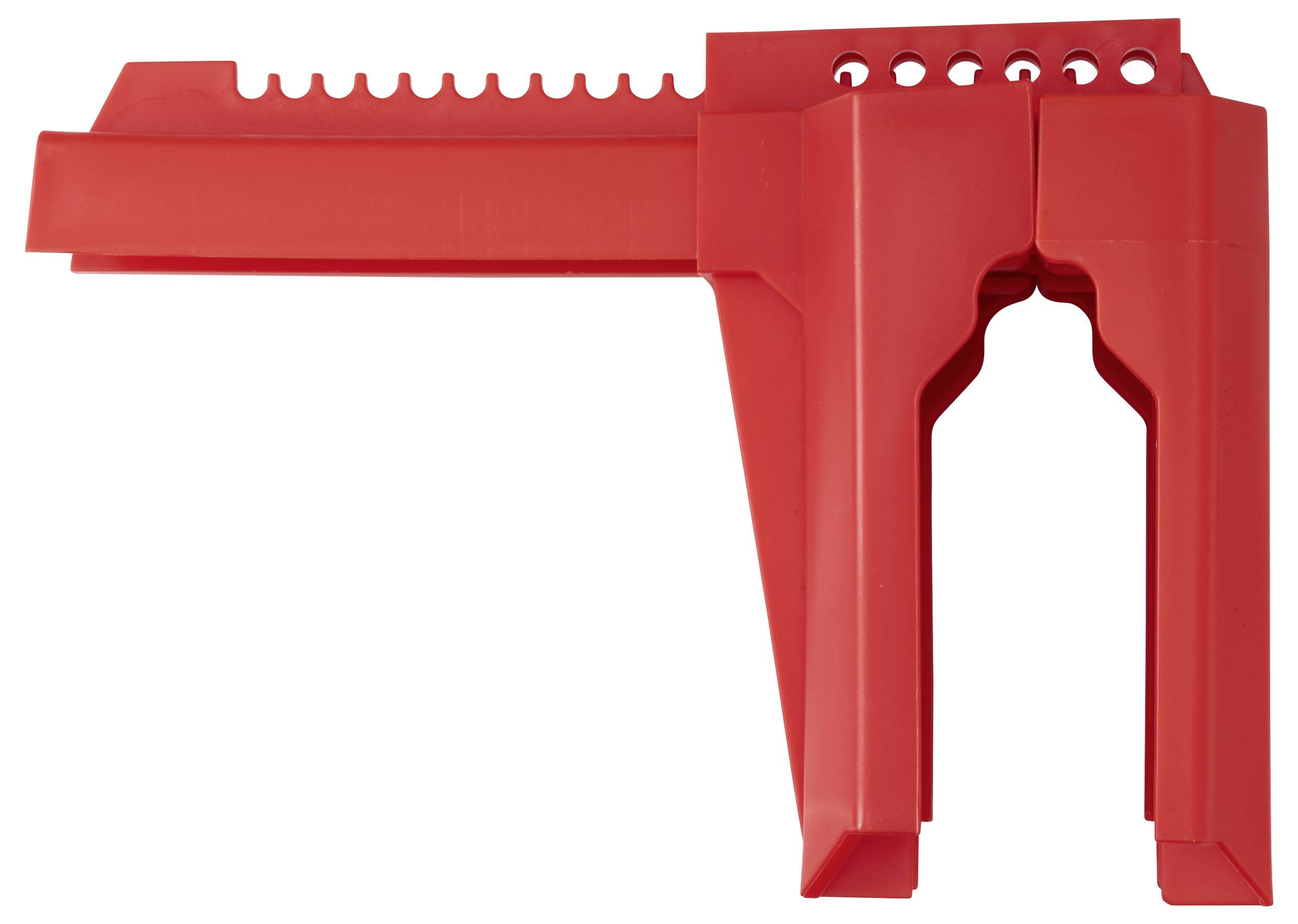 Un dispositivo di bloccaggio in plastica rossa con un lato superiore scanalato e più fori, probabilmente utilizzato per fissare o trattenere oggetti in posizione.