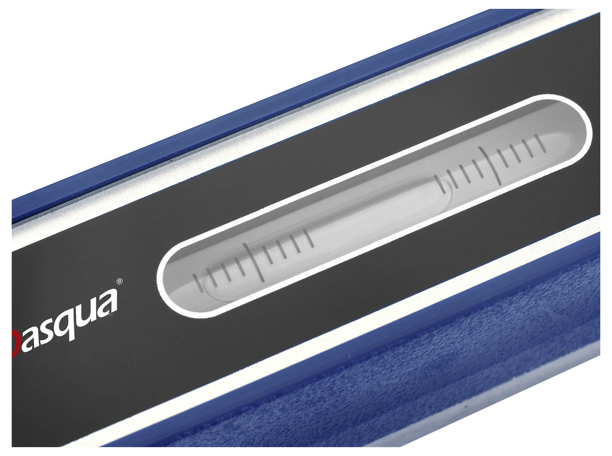 Un primo piano orizzontale di un livello a bolla nero e blu con un indicatore a bolla visibile per l'allineamento. Il nome del marchio è parzialmente visibile sul lato.