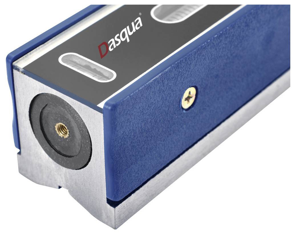 Un livello rettangolare blu con telaio in metallo, dotato di due bolle circolari e un foro filettato, utilizzato per misurazioni di precisione.