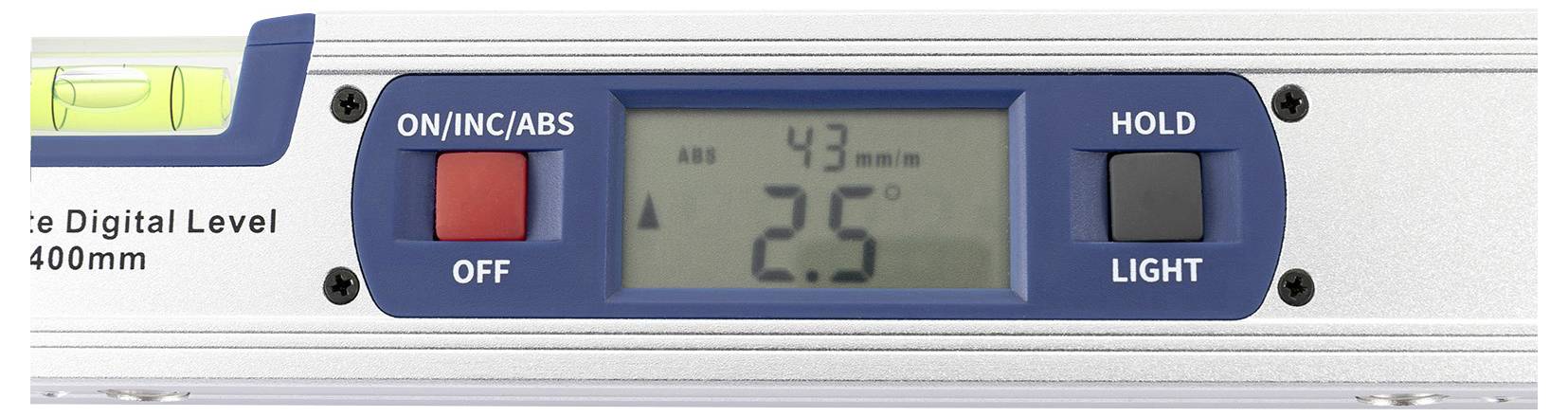 Display digitale che mostra '43°' in alto e '2.5°' in basso, con pulsanti per 'ON/INC/ABS', 'HOLD' e 'LIGHT'.