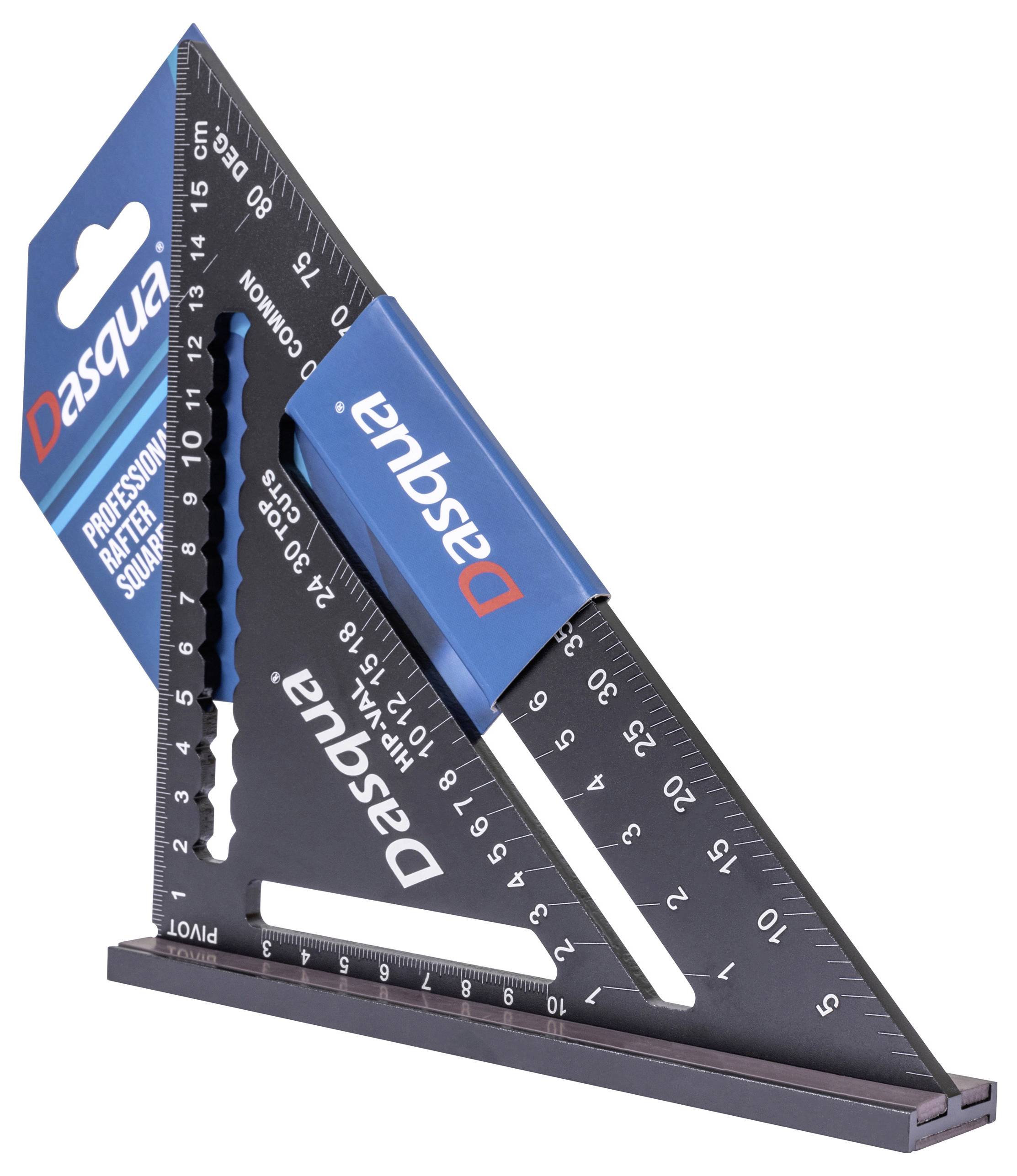 'Squadra per Carpentieri Dasqua Professional' contrassegnata con scale di misurazione, caratterizzata da un design triangolare utilizzato per misurazioni precise di angoli e lunghezze.