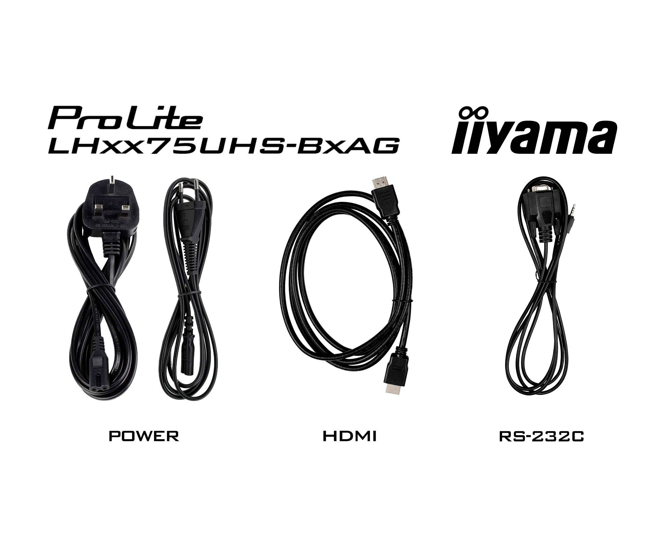 Contenuto della confezione del prodotto 'ProLite LHxx75UHS-BxAG iiyama'. Include cavo di alimentazione, cavo HDMI e cavo RS-232C disposti affiancati.