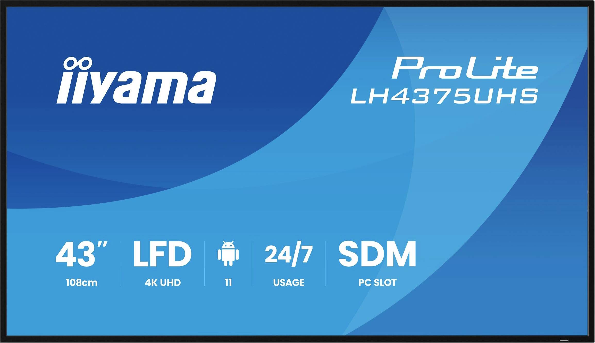 Monitor da 43" LFD 4K UHD Android 11, utilizzo 24/7, slot PC SDM. ProLite LH4375UHS. Logo iiyama.
