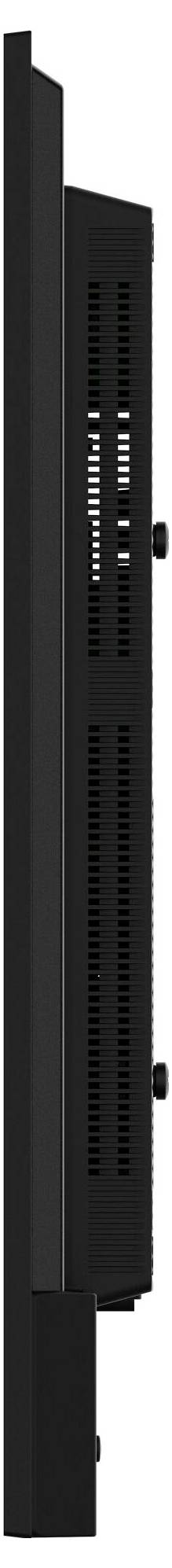 Un dispositivo elettronico o un pannello display nero, orientato verticalmente, con un profilo sottile e un design forato sul lato.