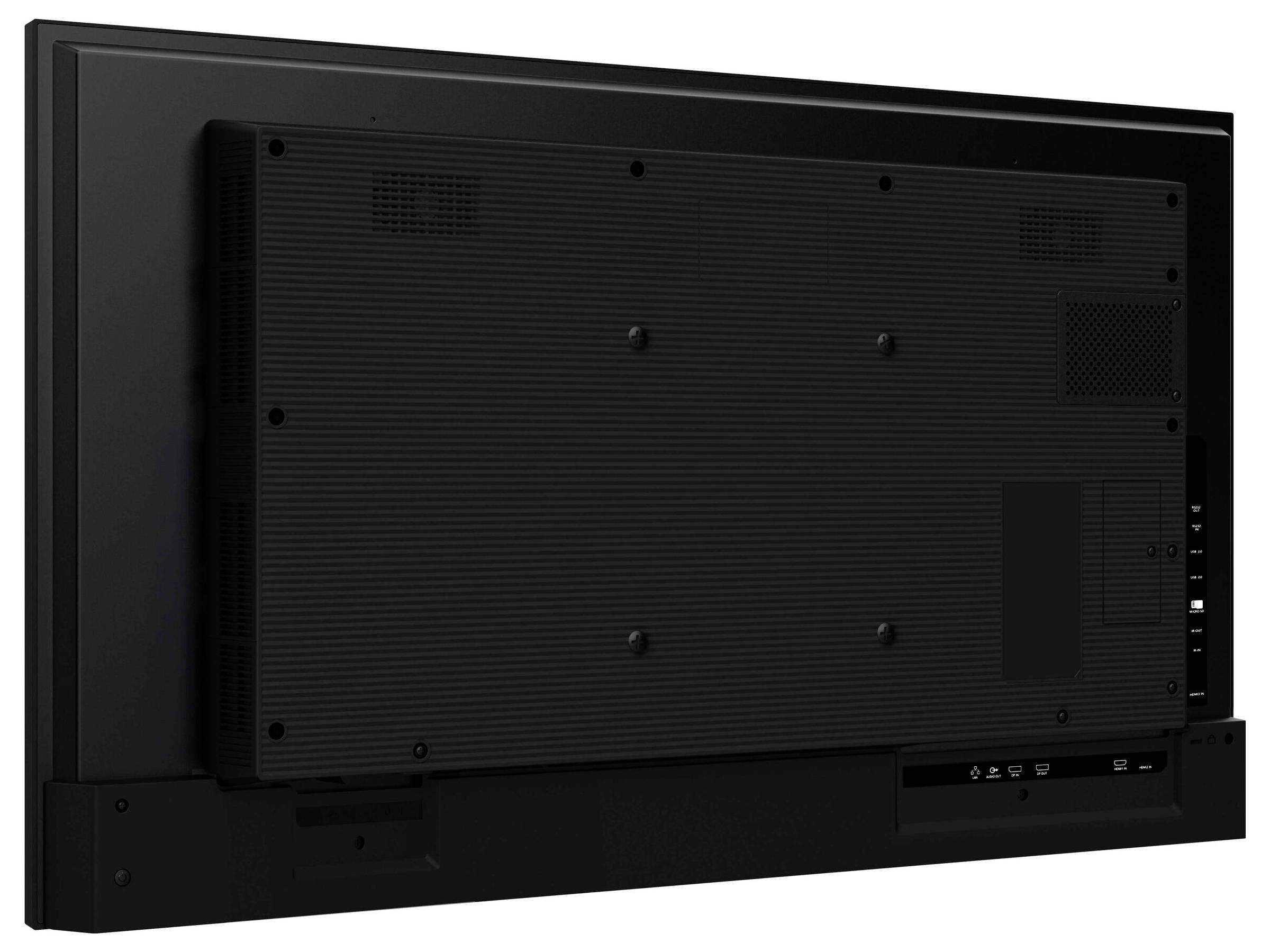 Vista posteriore di una TV a schermo piatto nero che mostra varie porte e connessioni nel lato inferiore destro.