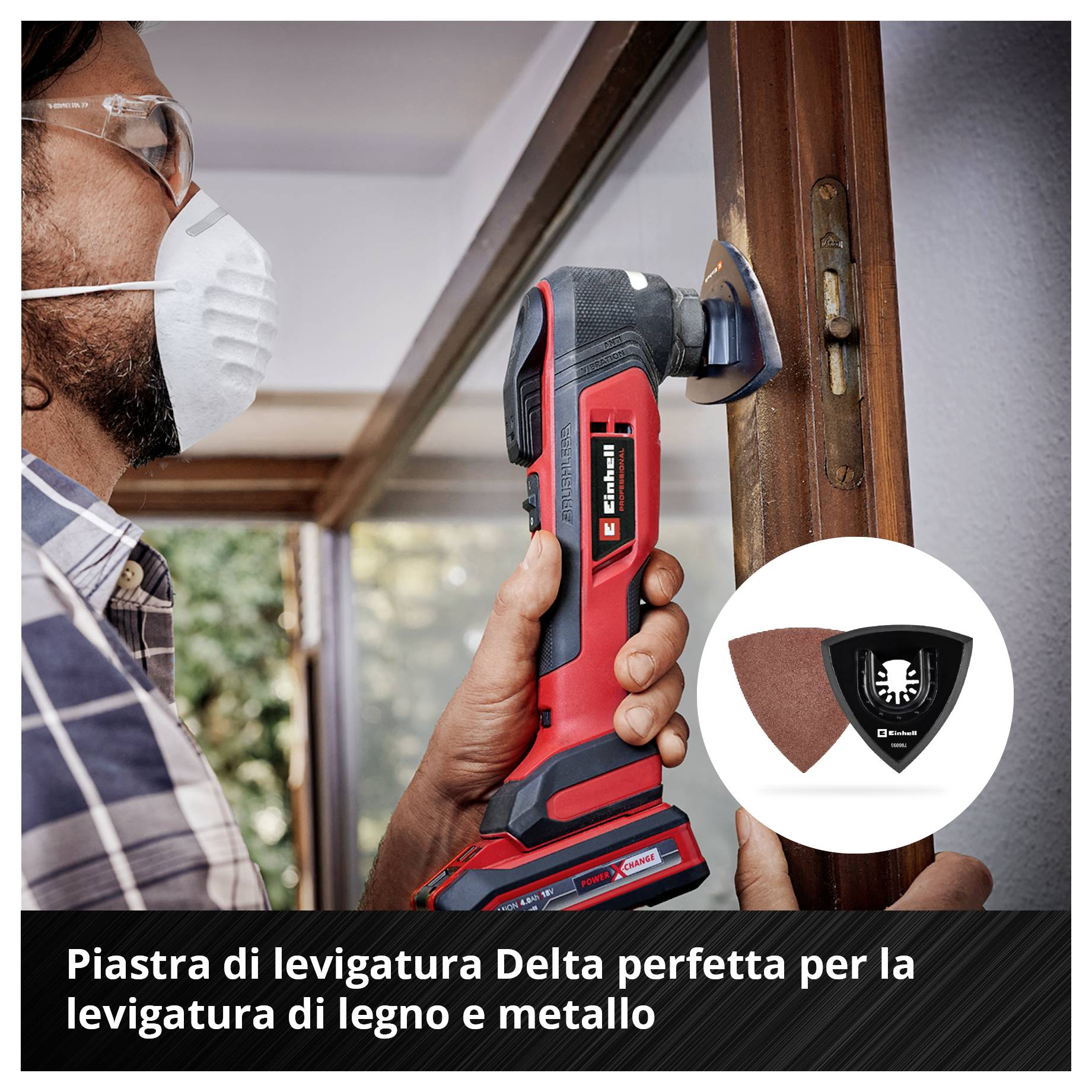 'Lama da sega nero con dentatura rivestita in titanio. Scritte: materiale durevole, finitura PTFE, universalmente compatibile per multiattrezzi.'