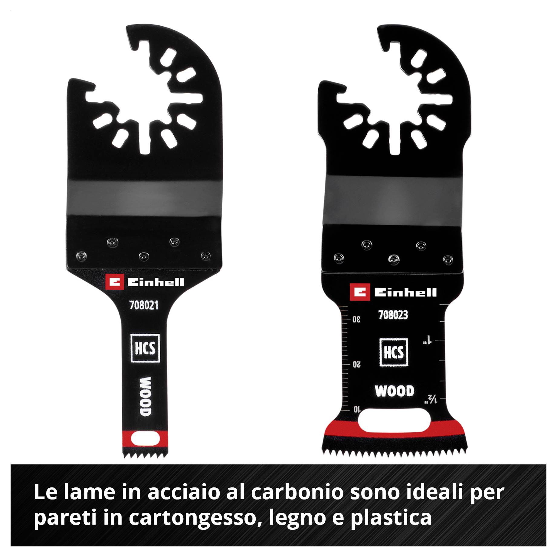 Due lame per sega Einhell, adatte al legno. Testo sottostante: 'Le lame in acciaio al carbonio sono ideali per cartongesso, legno e plastica'.