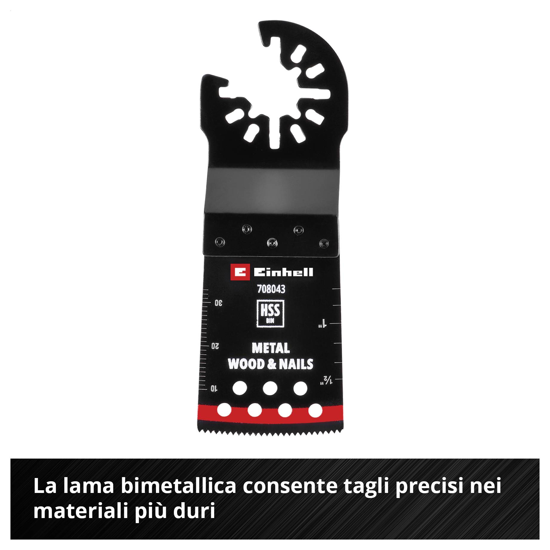 Lama di sega bimetallica di Einhell per tagli precisi in metallo, legno e chiodi, adatto per materiali più duri.