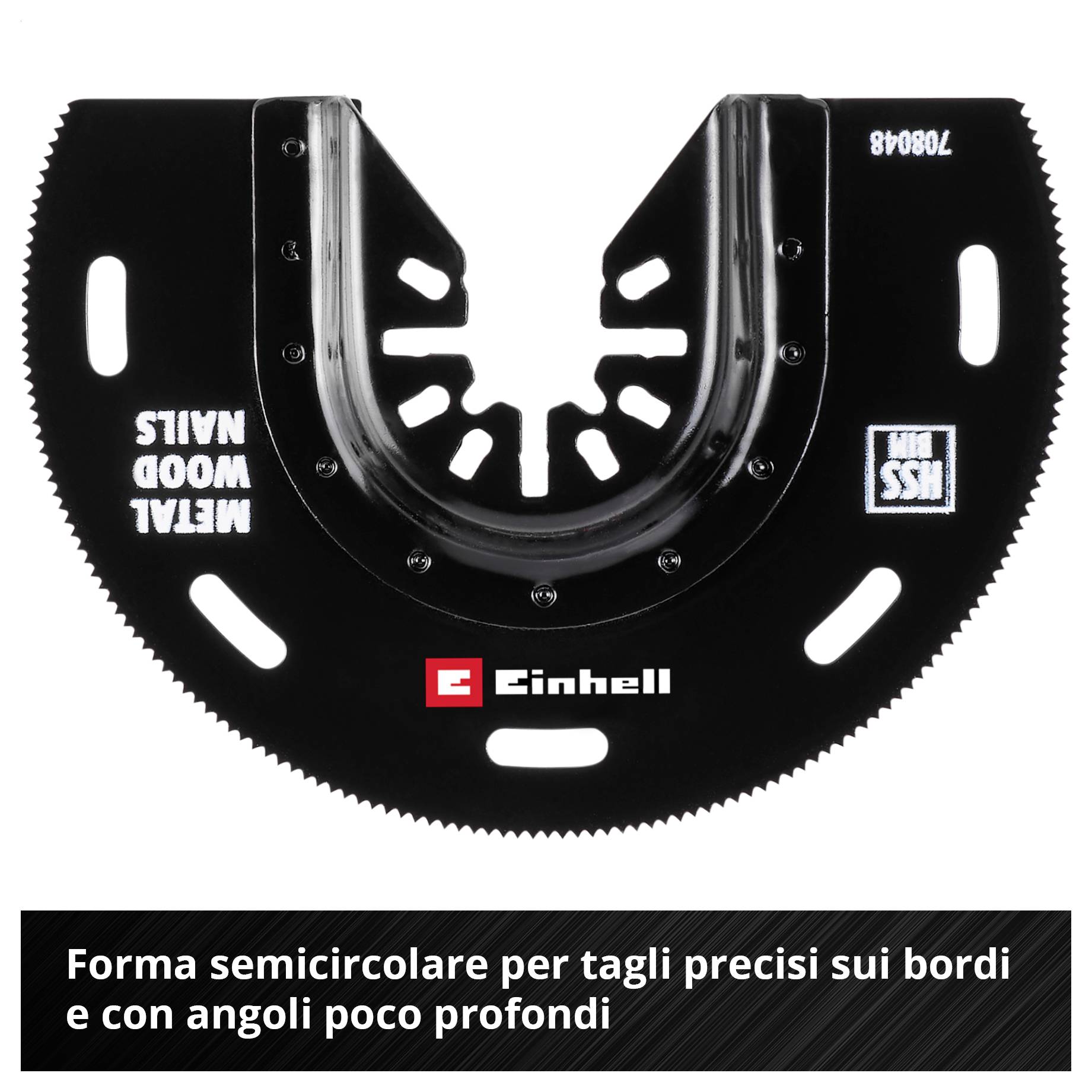 Una lama circolare nera a semicerchio con scritta 'METAL WOOD NAILS'. Sotto è scritto: 'Forma semicircolare per tagli precisi su bordi e angoli piatti'.