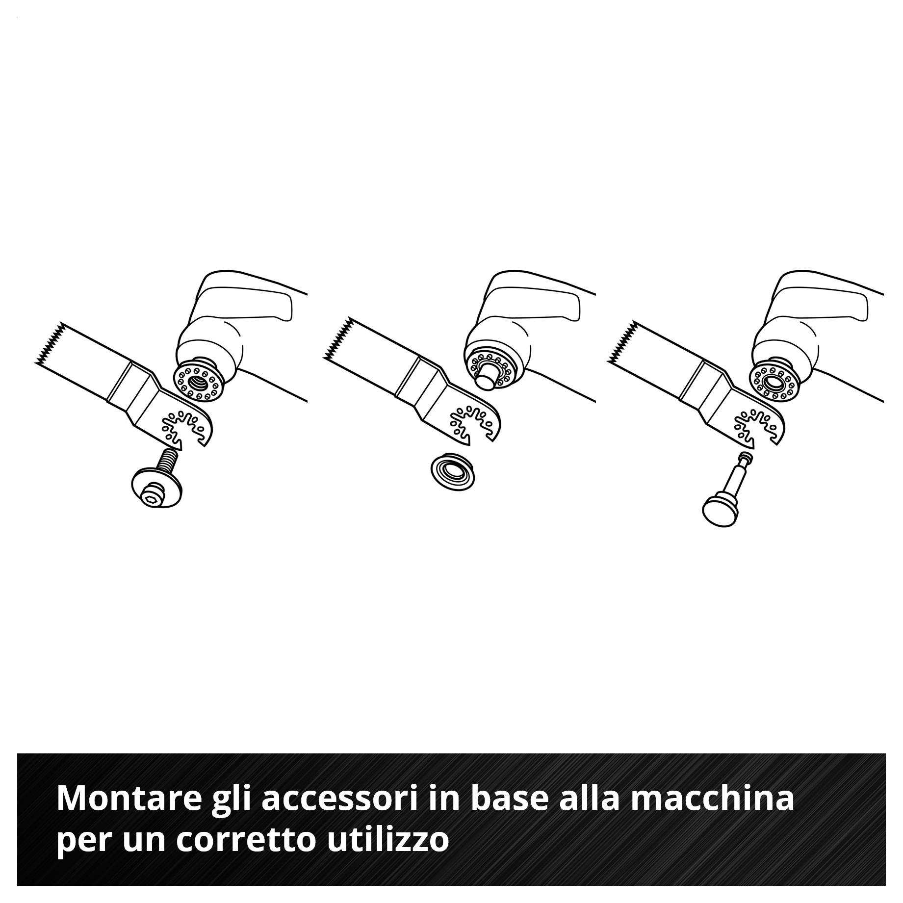 Illustrazione di tre strumenti con parti accessorie intercambiabili; 'Montare correttamente gli accessori in base alla macchina per una funzione appropriata'.