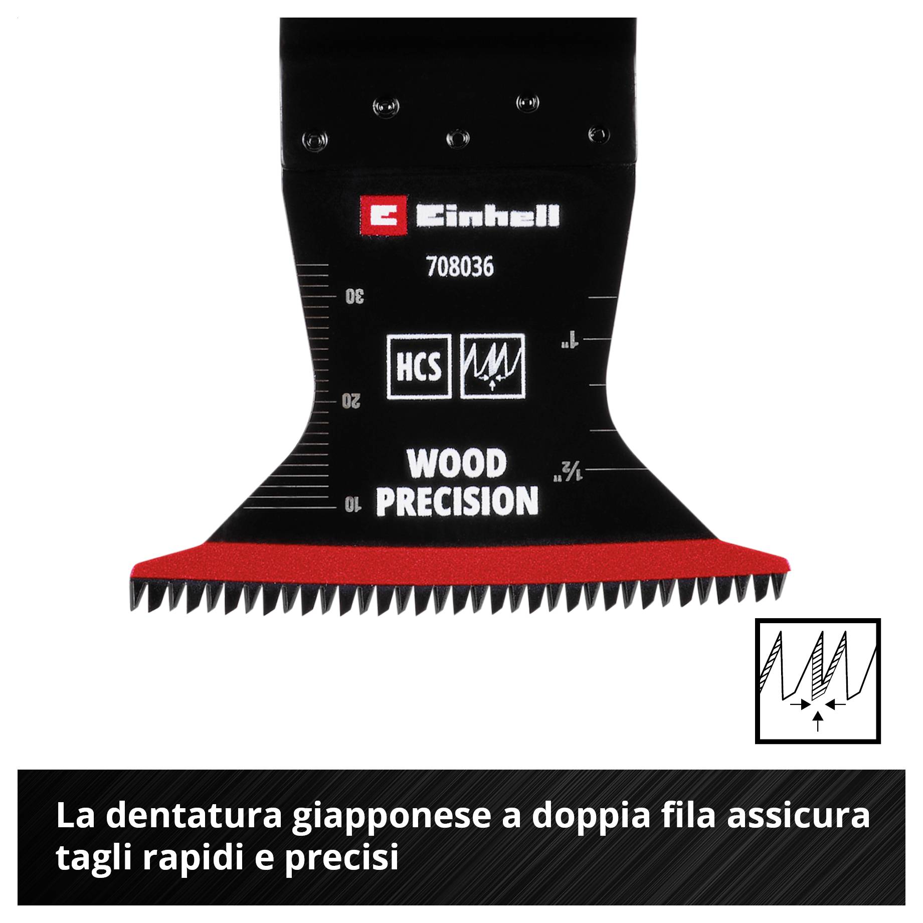 Lama per sega a doppio taglio Einhell con dentatura giapponese per tagli di legno precisi; la grafica mostra il motivo di taglio.