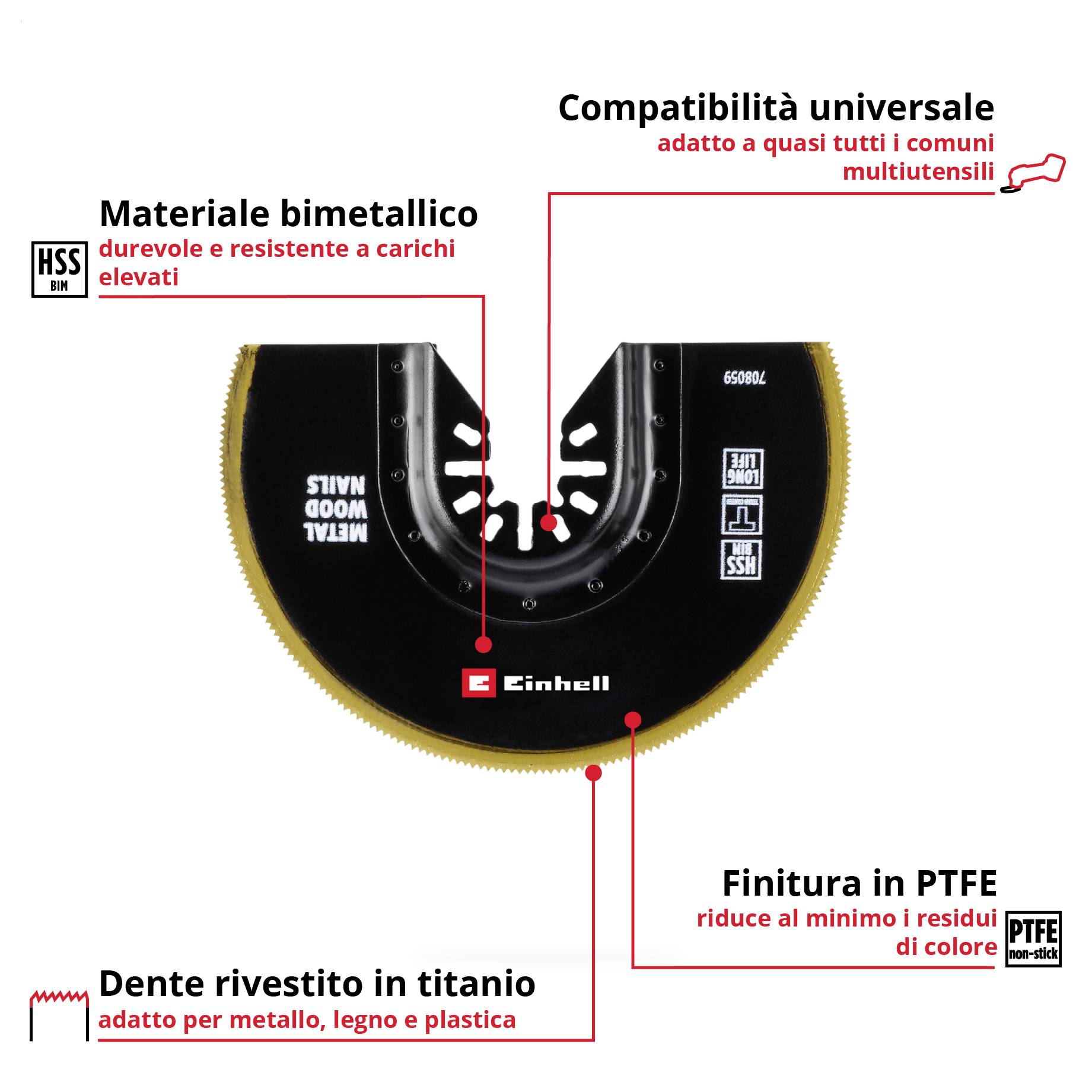 Lama per sega Einhell: Materiale bimetallico con denti rivestiti di titanio per metallo e legno. Compatibile universalmente, finitura PTFE minimizza l'attrito.