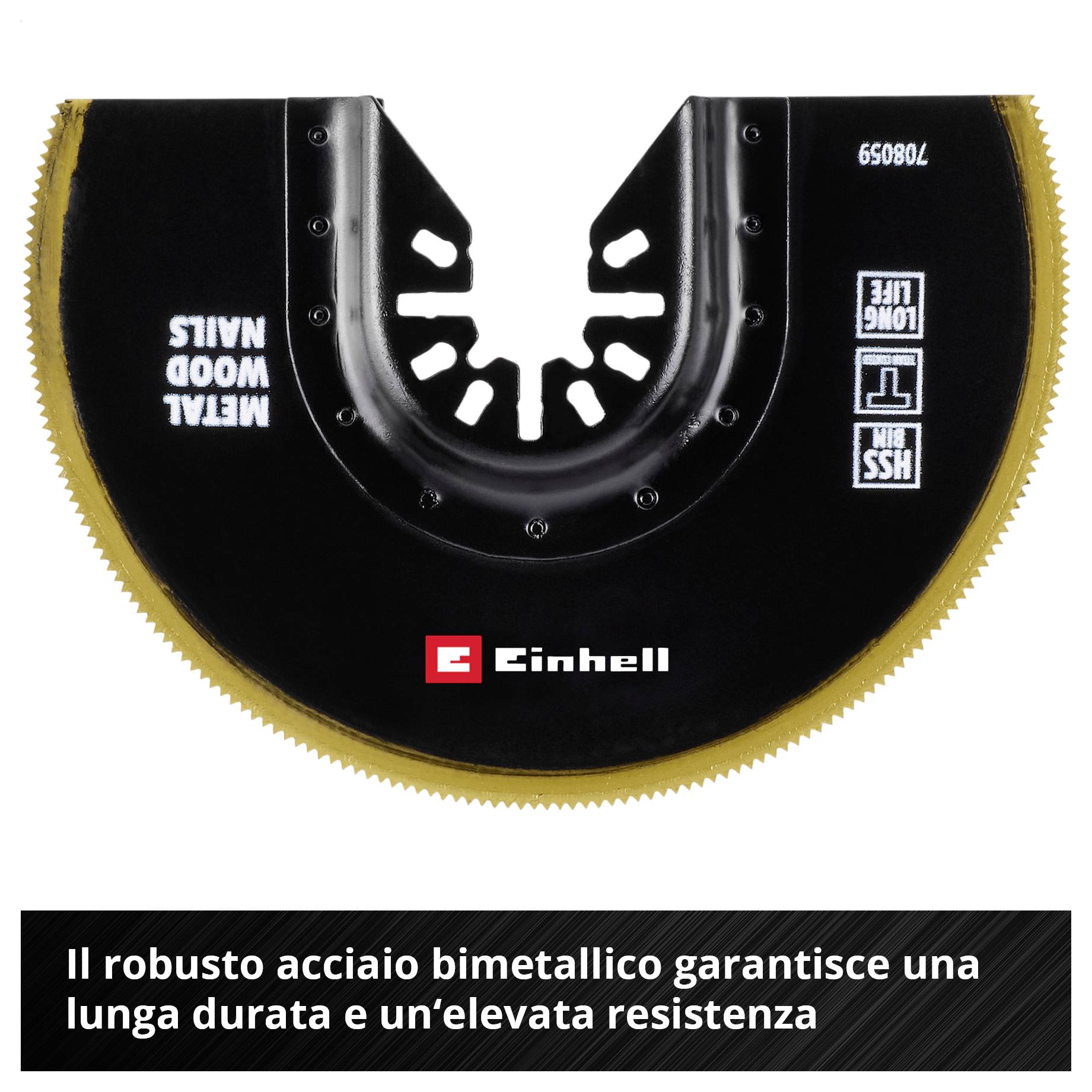 Disco circolare con bordo dentellato, adatto per metalli e legno. Testo: 'L'acciaio bimetallico robusto garantisce una lunga durata operativa e un'elevata longevità'.