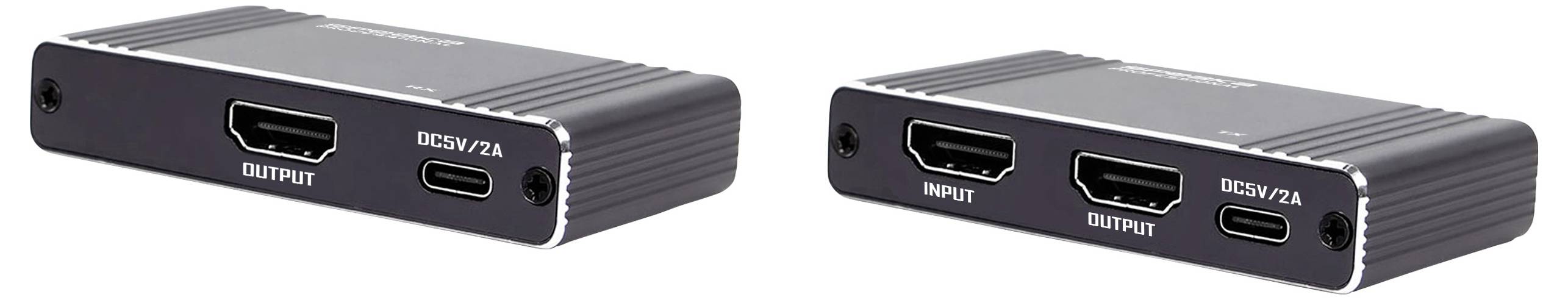 Due dispositivi elettronici rettangolari neri con porte HDMI etichettate 'INPUT' e 'OUTPUT' e una porta USB-C etichettata 'DC5V/2A' su ciascuno.
