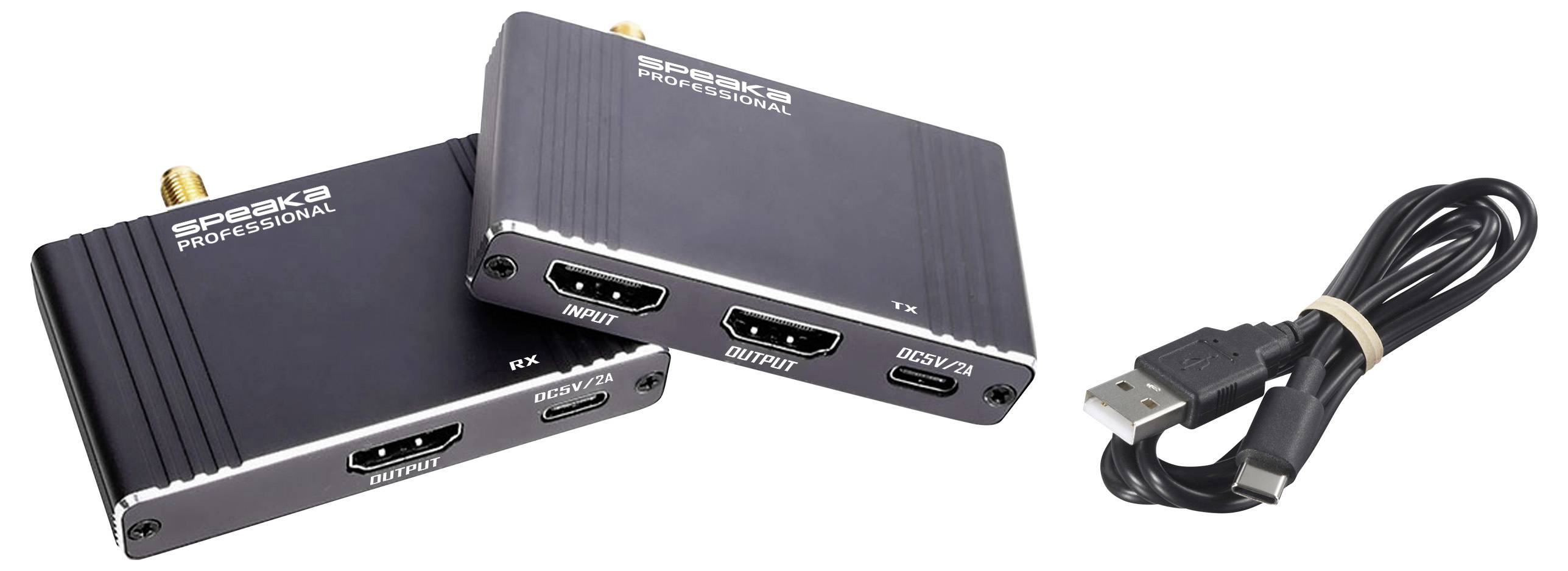 Dispositivi trasmettitore e ricevitore HDMI 'SPK618 Professional', con porte di input e output visibili, accompagnati da un cavo USB.