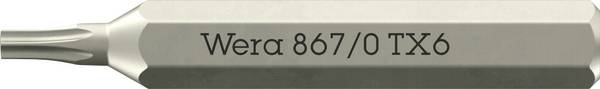 <br> Wera<br> 05058131001<br> 867 Micro TORX®<br> Inserto Torx<br> Impronta (cacciavite): 1/4" (6.3 mm)<br> Forza: TORX<br> TX 6<br> 30 mm<br>
