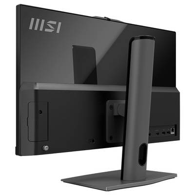 'Vista posteriore di un monitor nero MSI con supporto, che mostra varie porte posteriori per la connettività.'